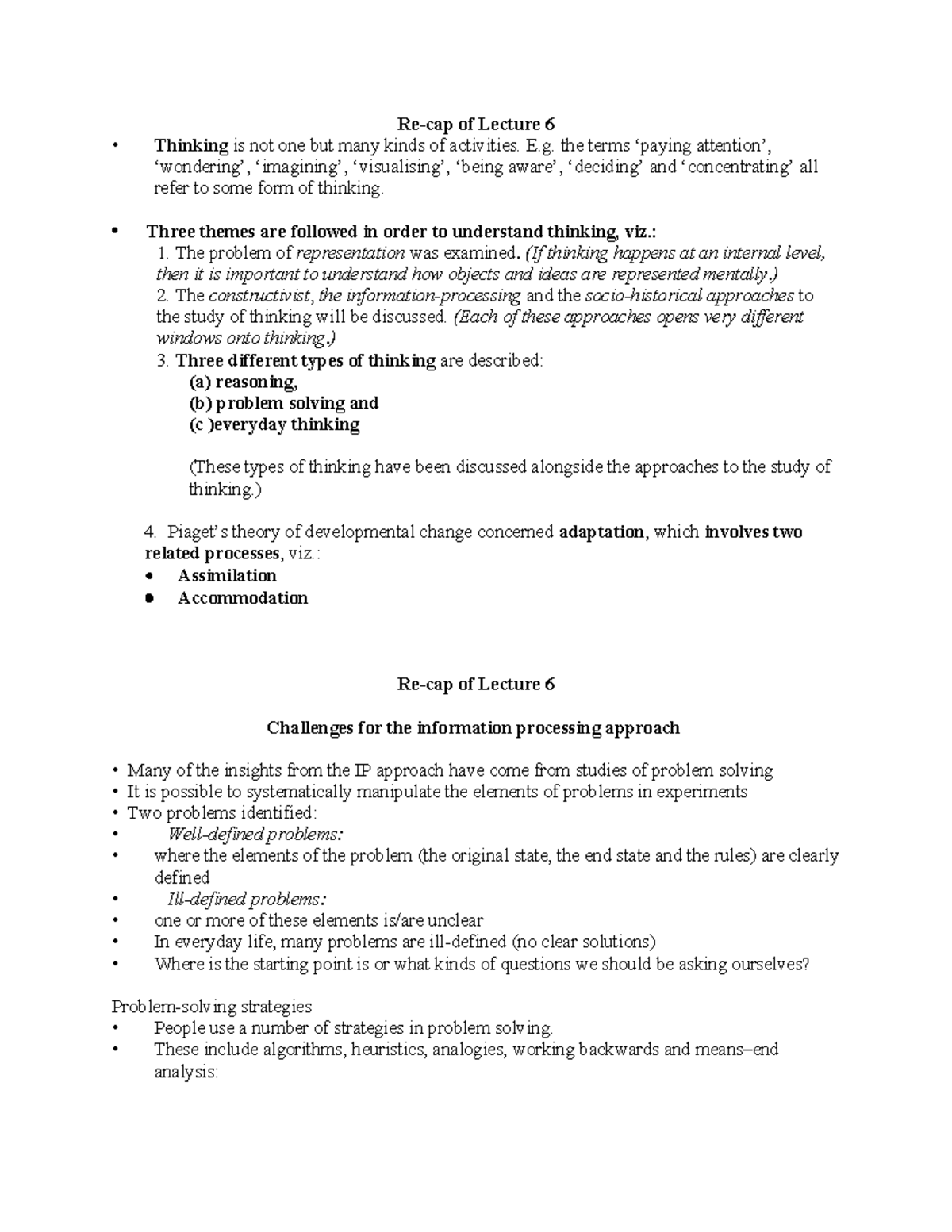 Psy 112 lecture 7 - Re-cap of Lecture 6 Thinking is not one but many ...