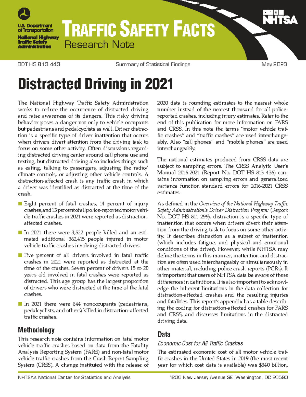 Distracted Driving in 2021: NHTSA Research Note DOT HS 813 443 - Studocu
