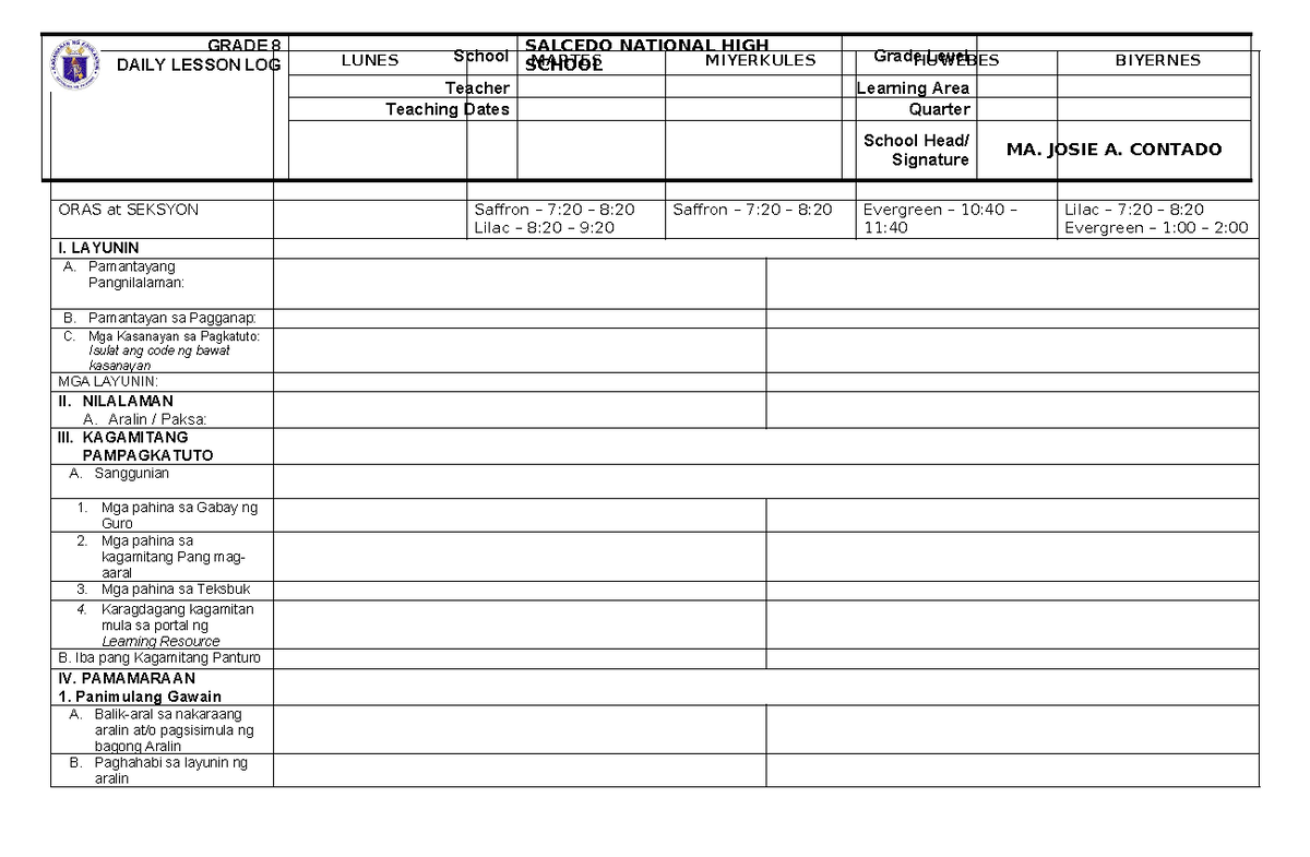 425854646 G8 Daily Lesson Log Template for Saffron Class - Studocu