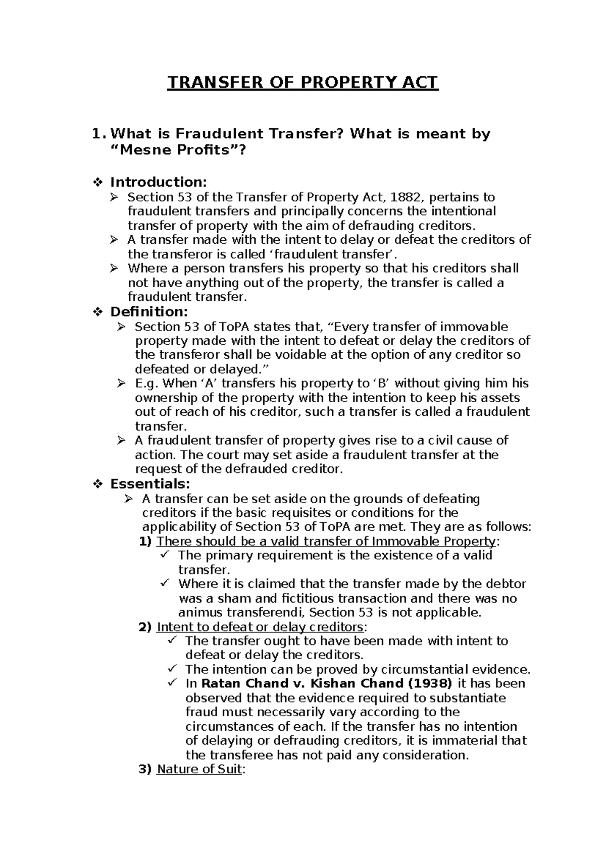 To PA Notes: Understanding the Transfer of Property Act 1882 - Studocu