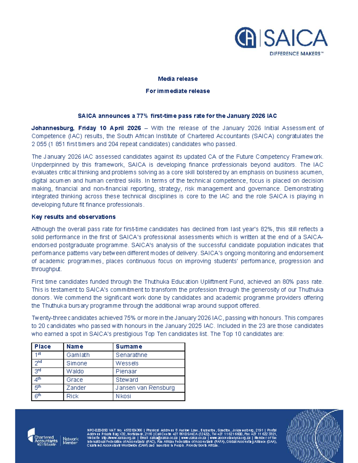 Media Release: SAICA Pass Rate for January 2026 IAC Results - Studocu