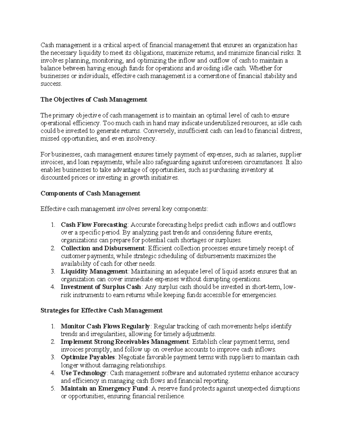 Cash Management - It involves planning, monitoring, and optimizing the ...