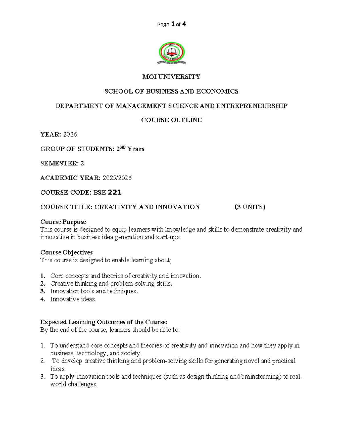 BSE 221 Course Outline: Creativity and Innovation (Jan 2026) - Studocu