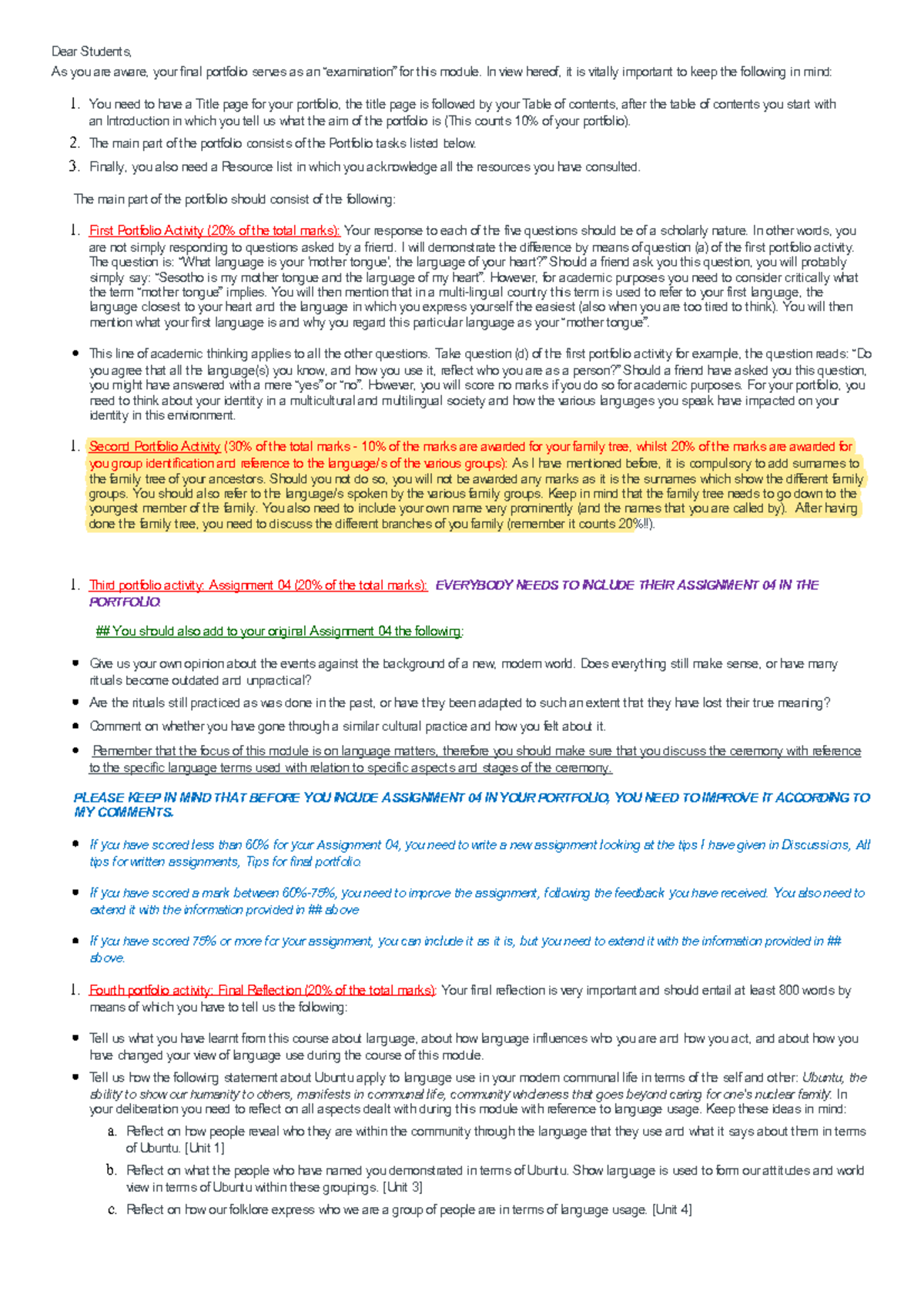 AFL1501 Final Portfolio Assignment - Guidelines and Structure - Studocu