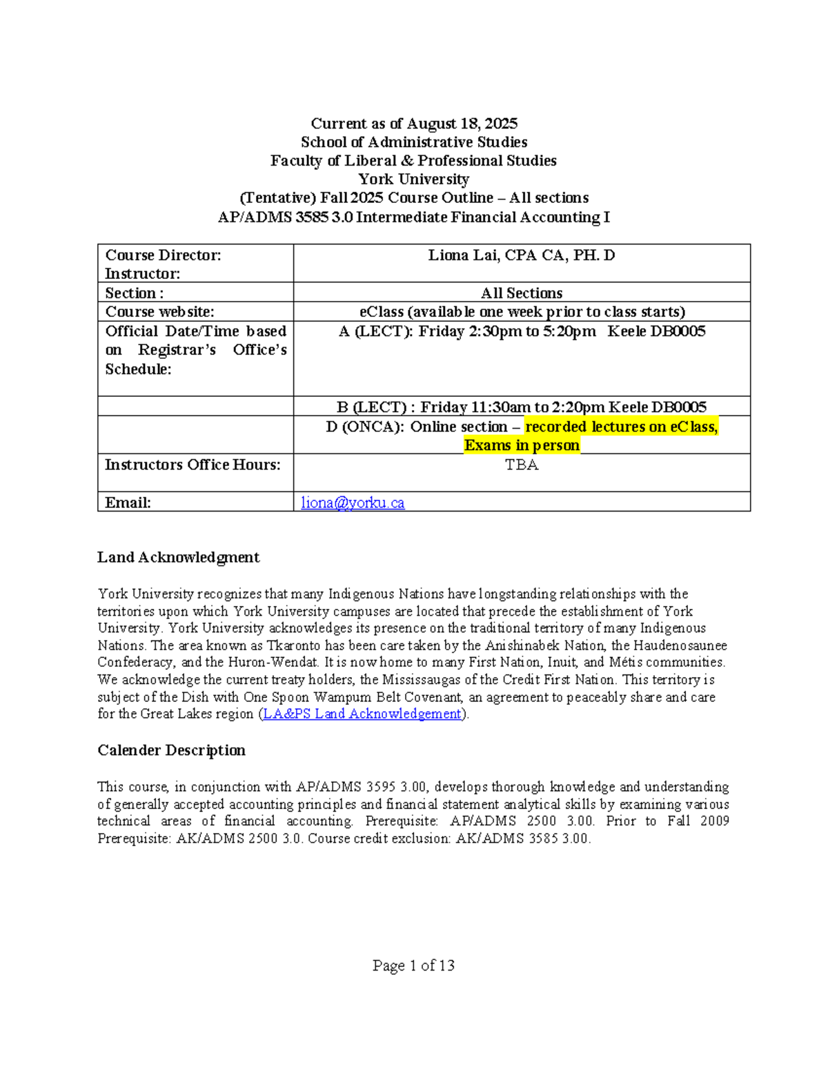 ADMS 3585 Fall 2025 Course Outline: Intermediate Financial Accounting I ...
