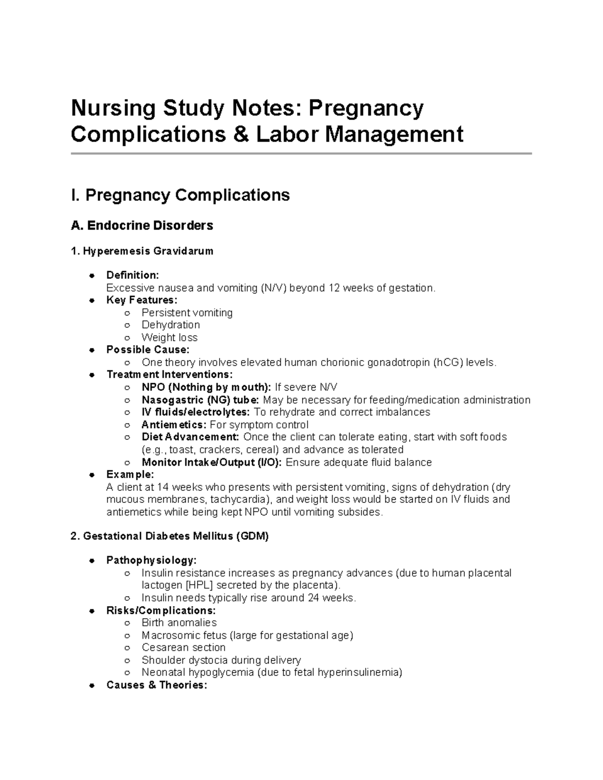 Nursing Study Notes: Pregnancy Complications & Labor Management I - Studocu