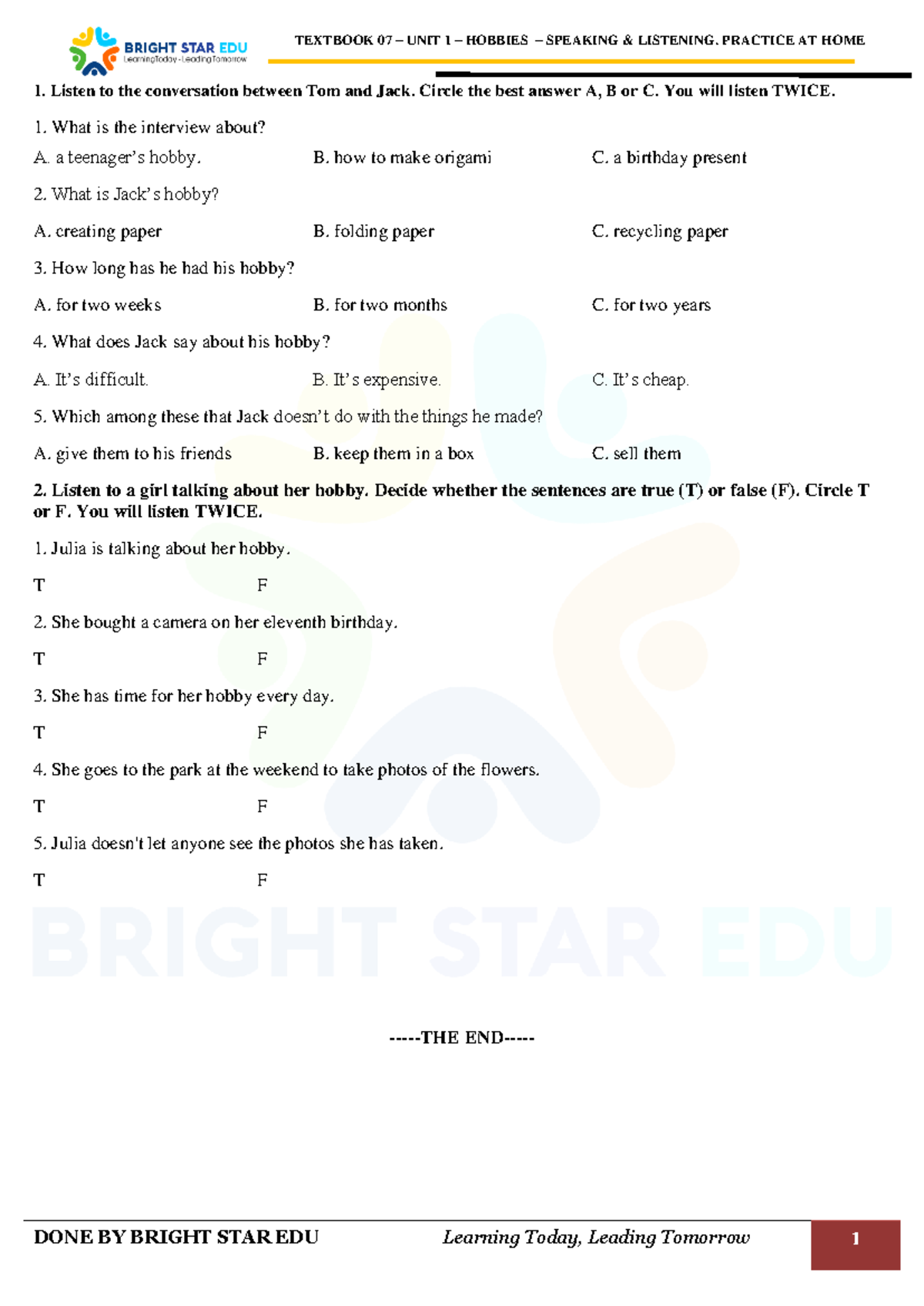 Grade 07 Unit 1: Hobbies Speaking & Listening Practice at Home - Studocu