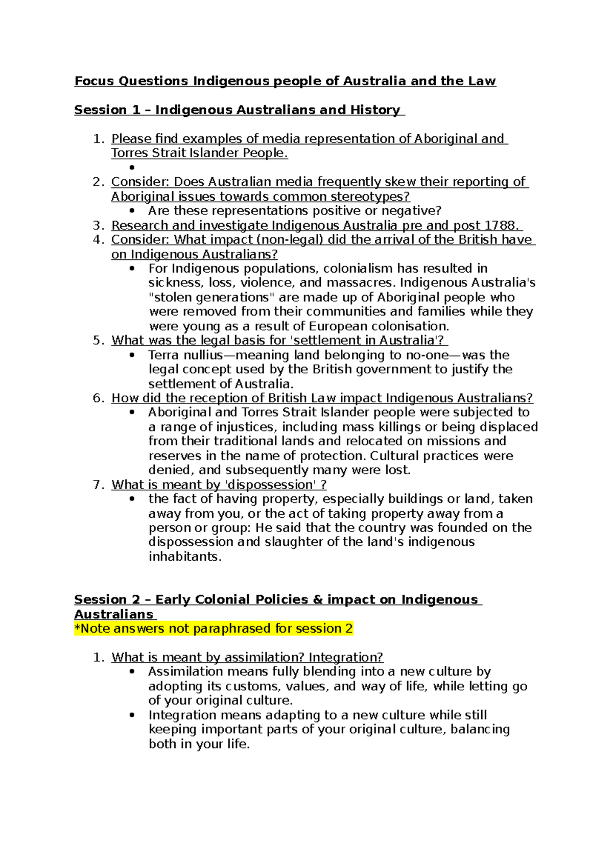 Indigenous Peoples and the Law: Focus Questions in Australia - Studocu