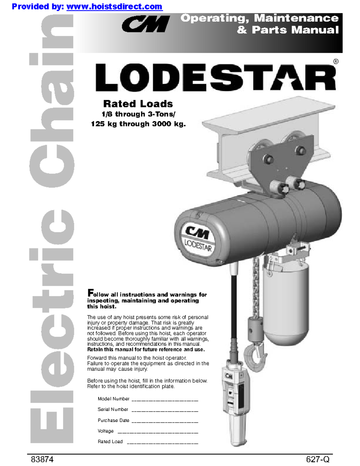 CM 83874 Electric Chain Hoist Operating & Maintenance Manual - Studocu