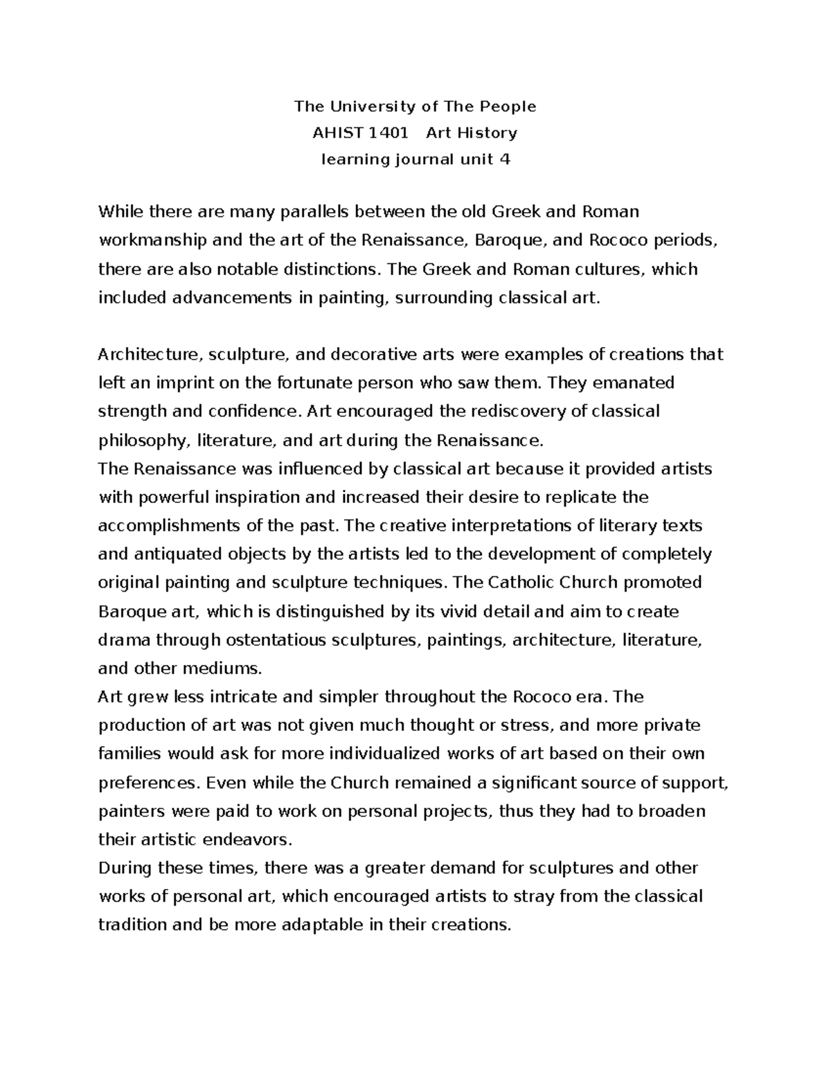 Ahist 1401 Art History Learning Journal Unit 4 - The University of The ...
