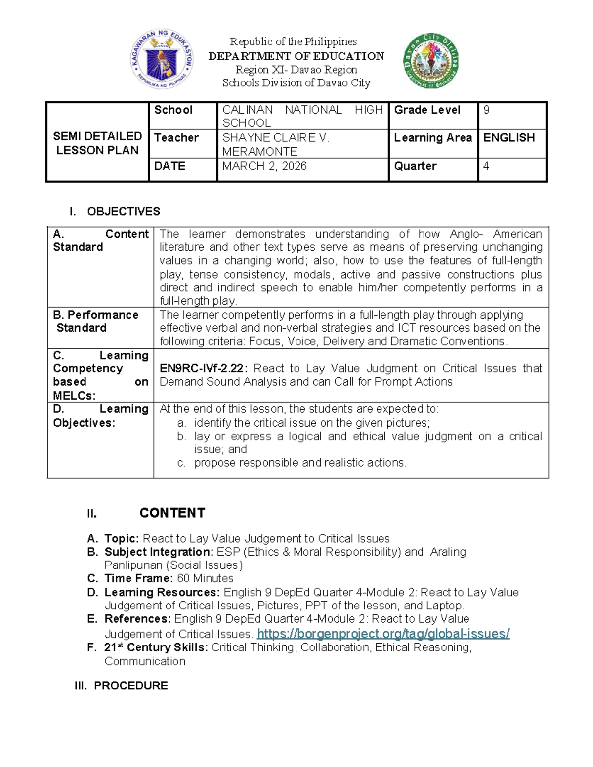 Grade 9 English Lesson Plan: Reacting to Critical Issues (Q4) - Studocu