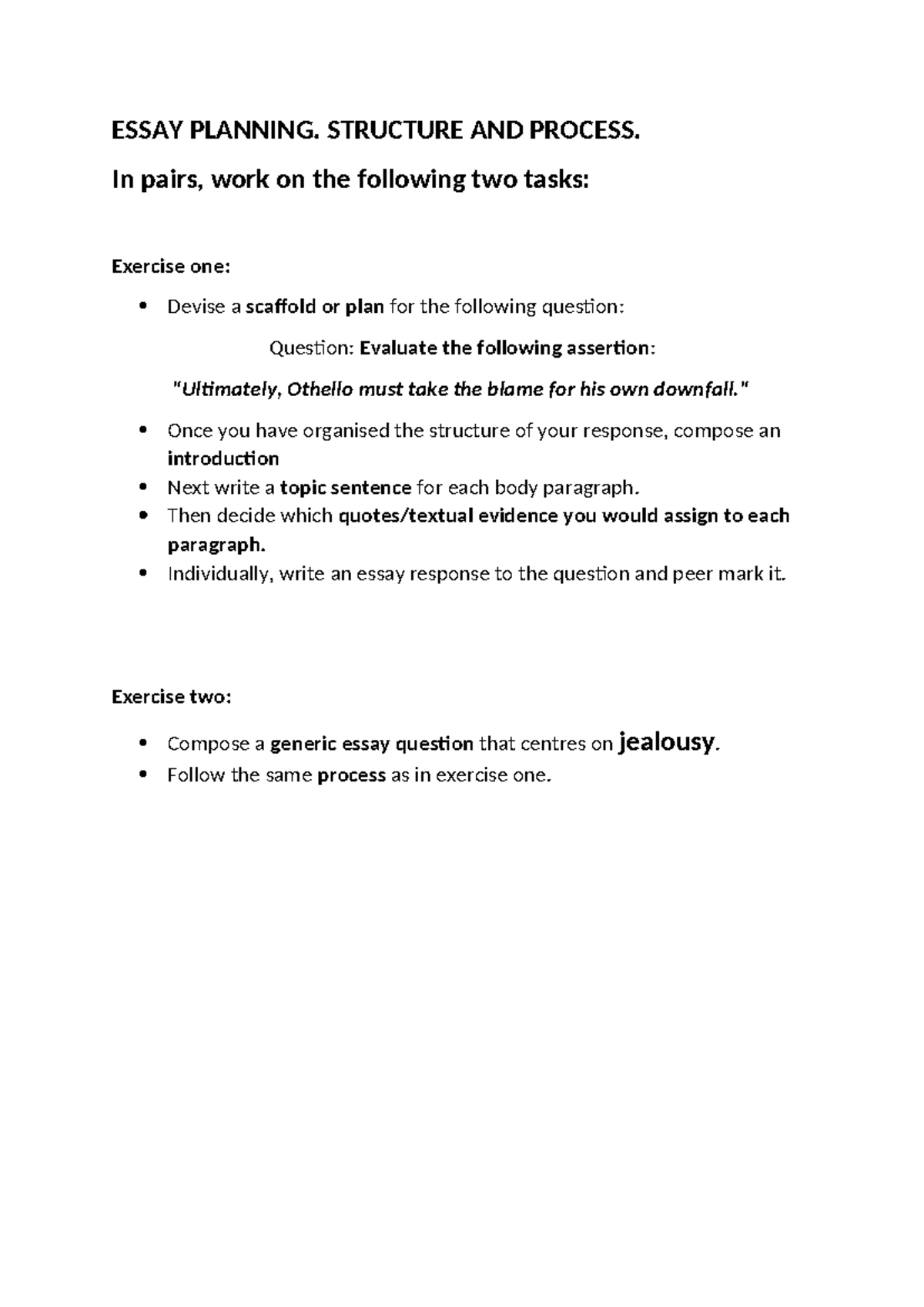Pair work. Essay scaffolds exercices - ESSAY PLANNING. STRUCTURE AND ...