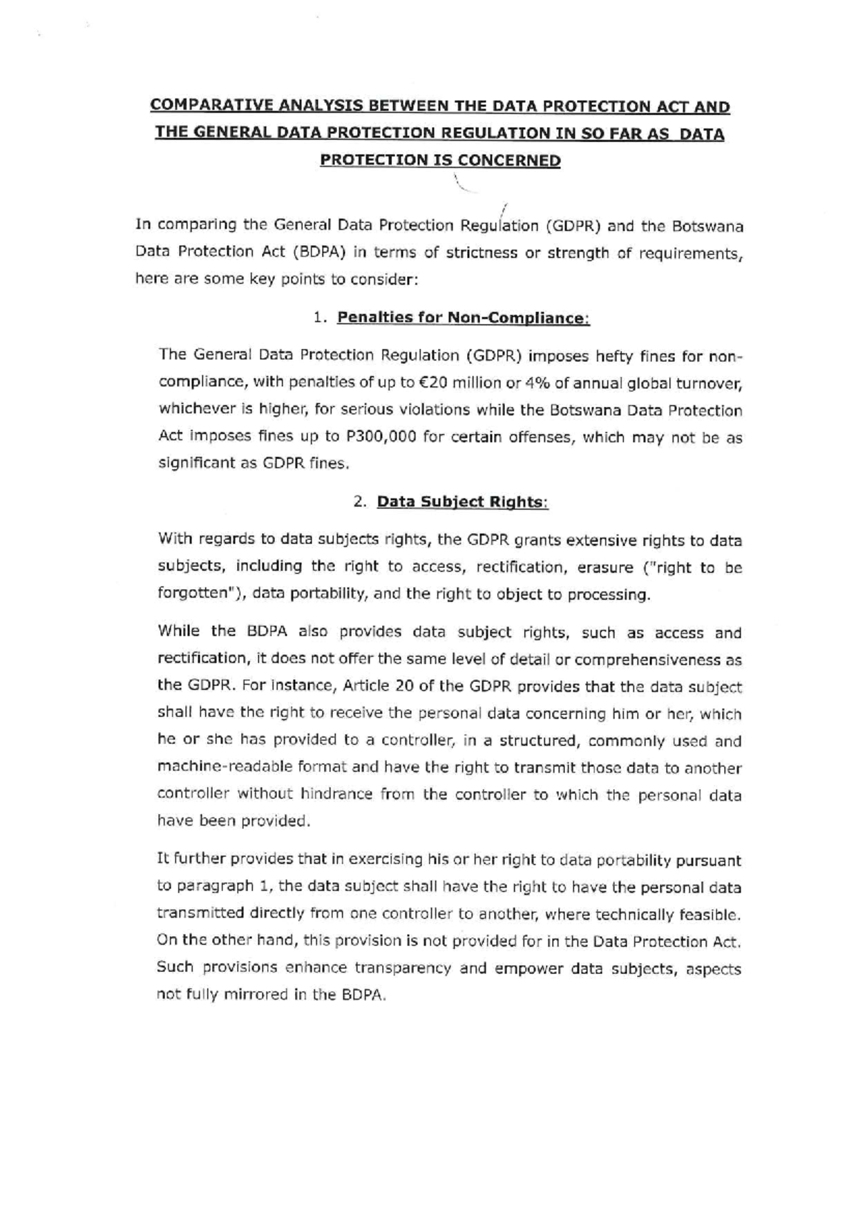 Comparative Analysis of GDPR vs BDPA: Data Protection Insights - Studocu