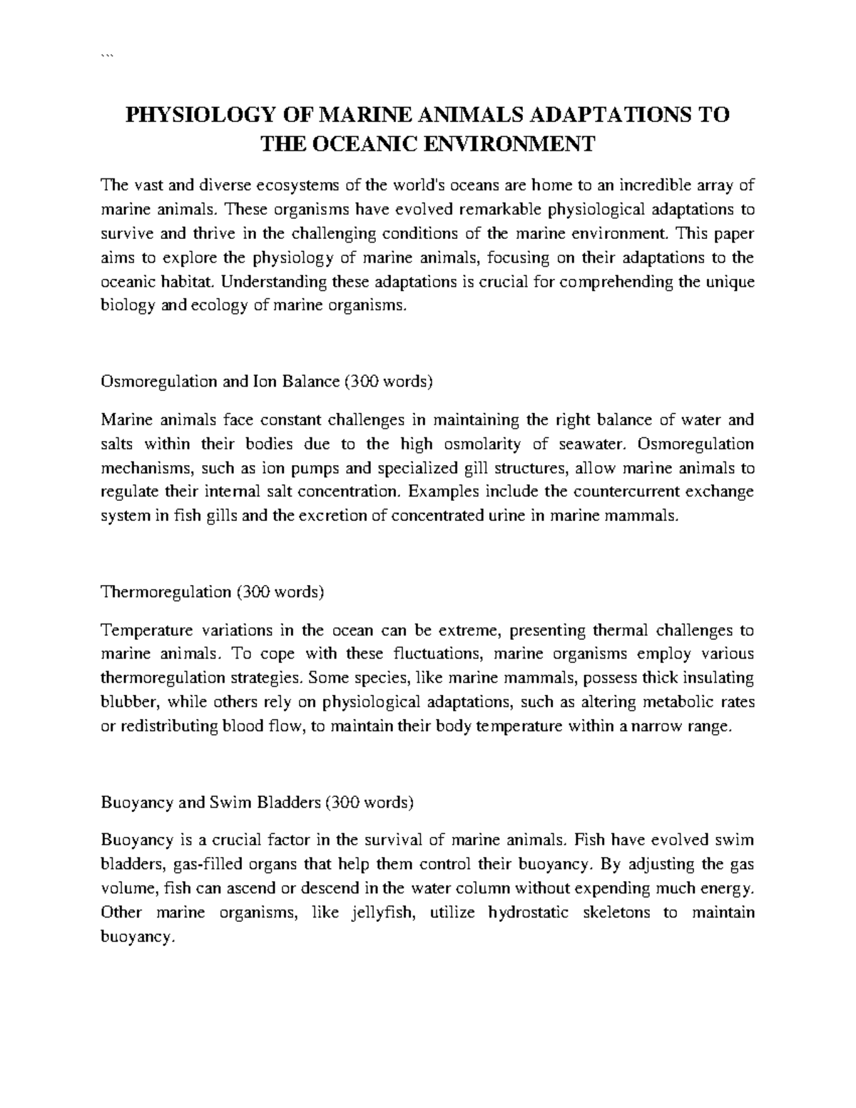 Physiology of Marine Animals: Adaptations to Oceanic Challenges - Studocu