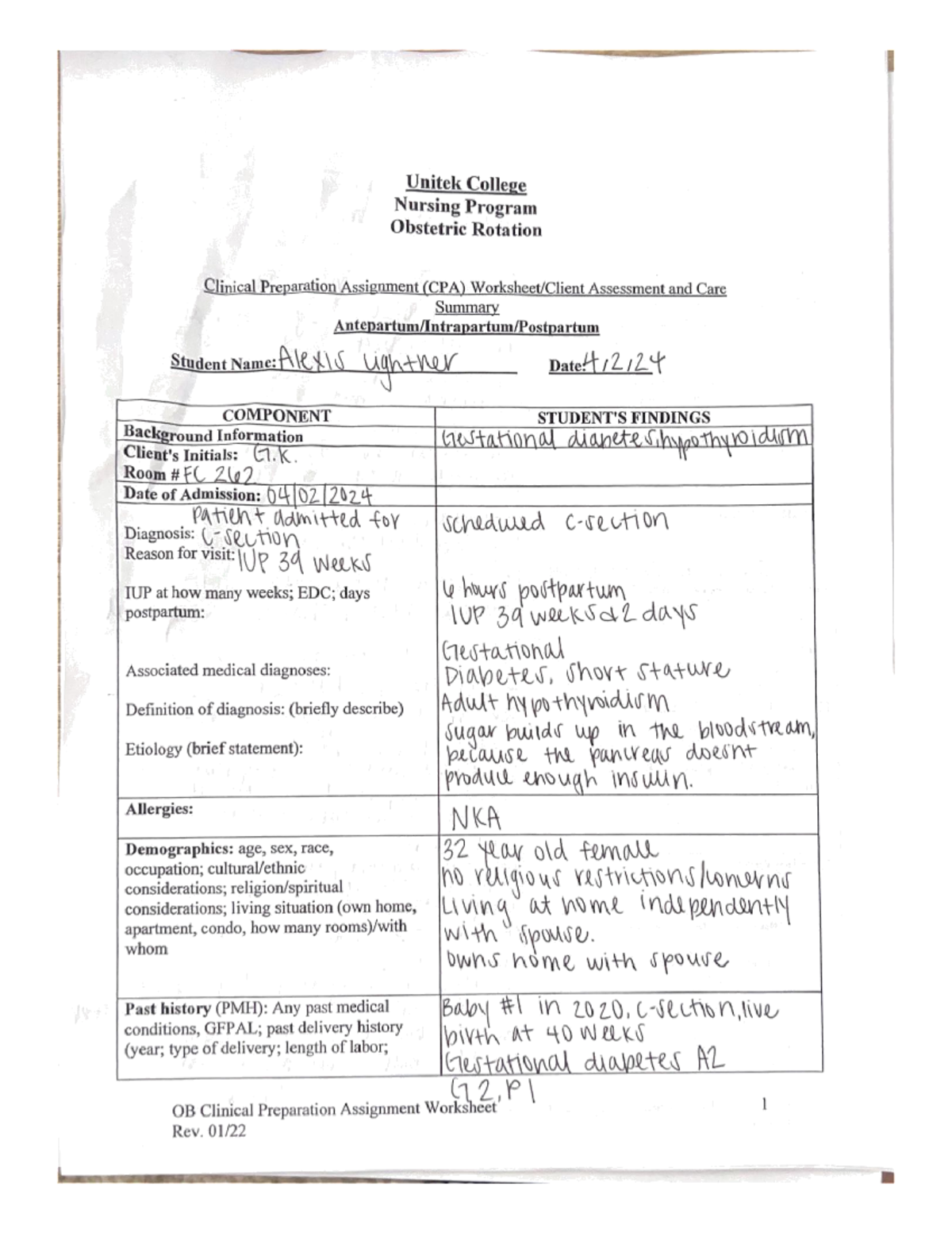 Care plan OB 1 2 - community health nursing - Unitek College Nursing ...
