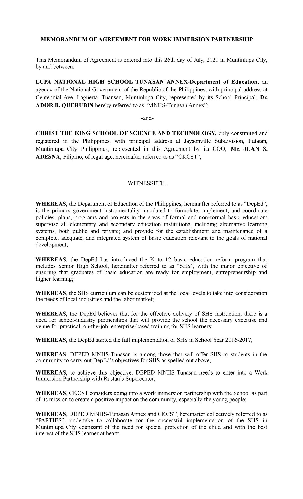 MOA-LGU1: Work Immersion Partnership Agreement for SHS Students - Studocu