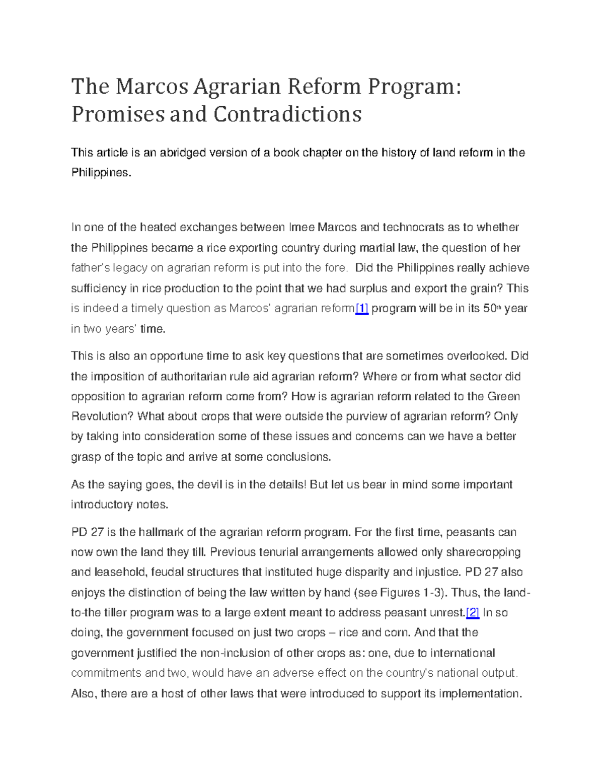 The Marcos Agrarian Reform Program: Promises, Challenges, and Impact ...