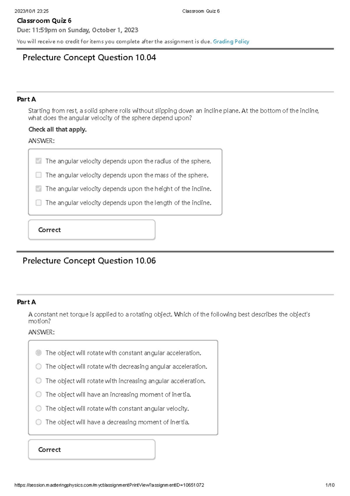 Classroom Quiz 6 - Physics Concepts & Angular Motion - Studocu