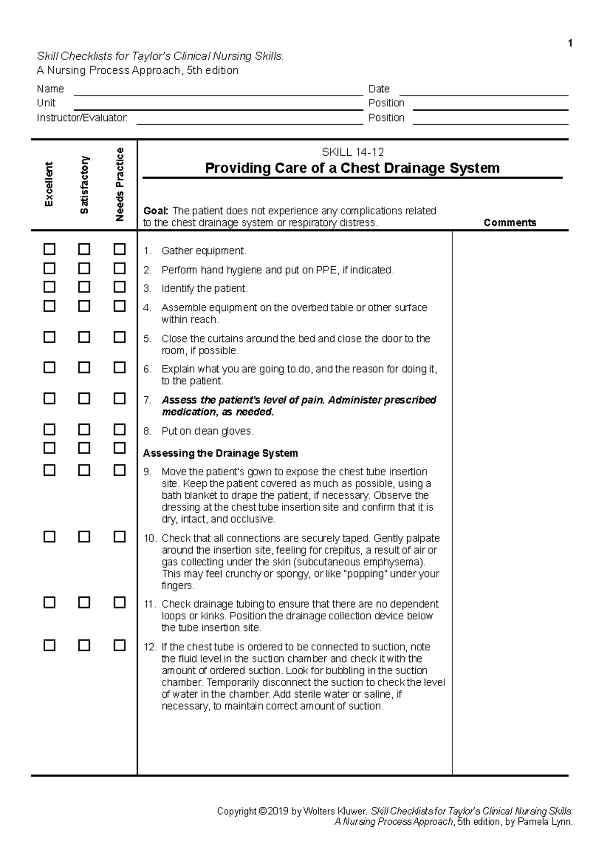 Chest Tube Management Skills Checklist 14-12 for Nursing - Studocu