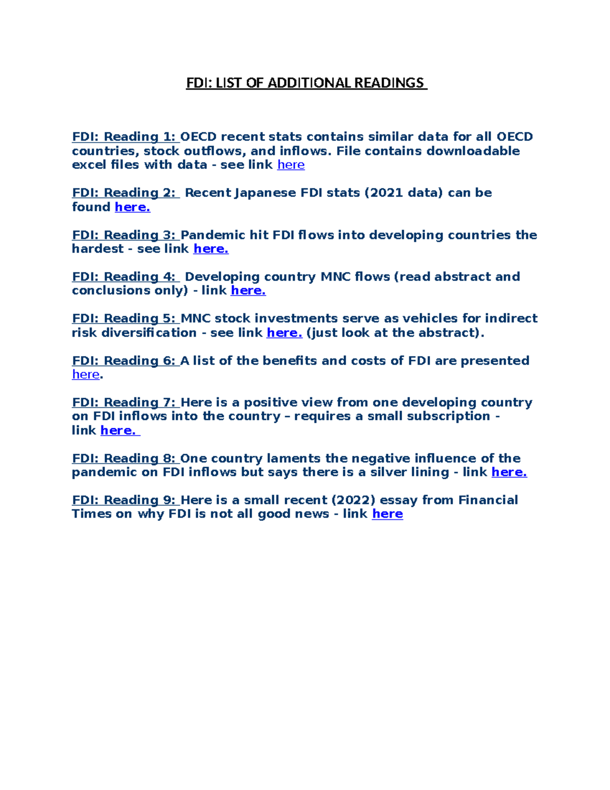 FDI Additional Readings Compilation for Insightful Analysis - Studocu