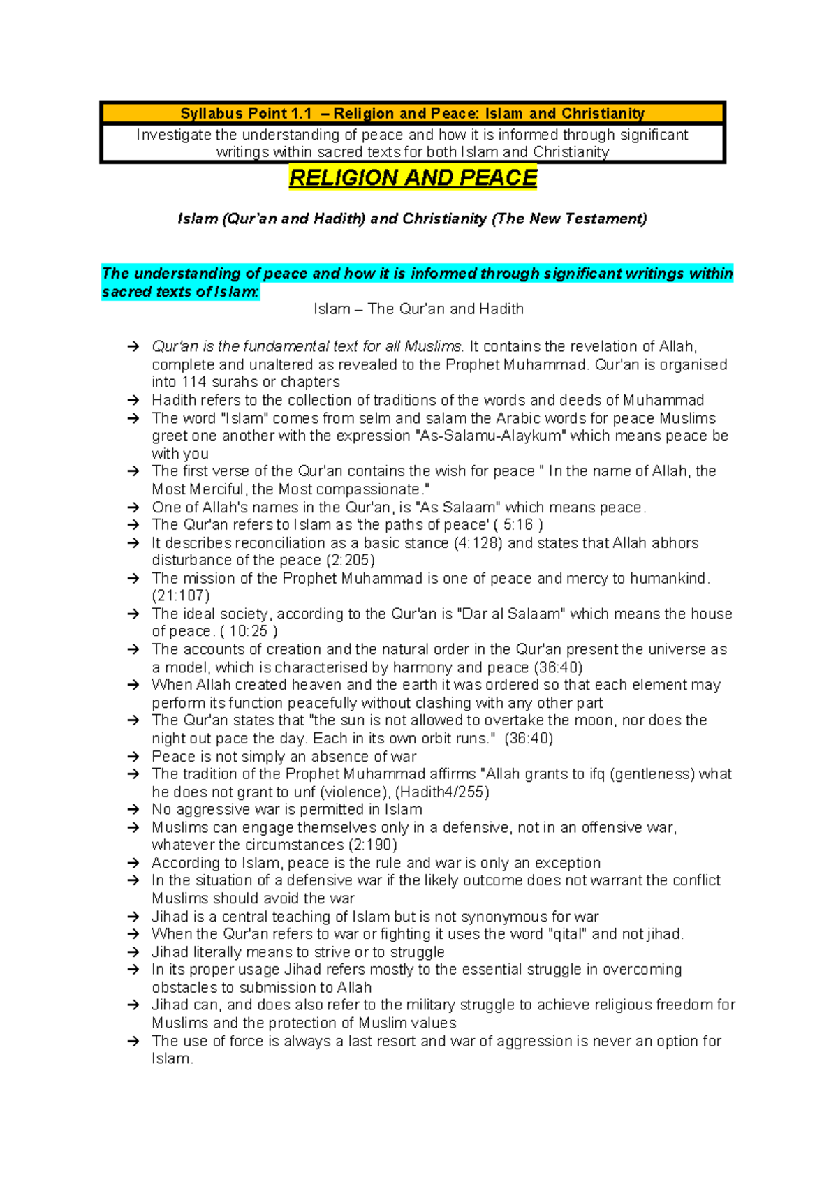 Studies of Religion Notes: Religion and Peace (RELIGION AND PEACE ...