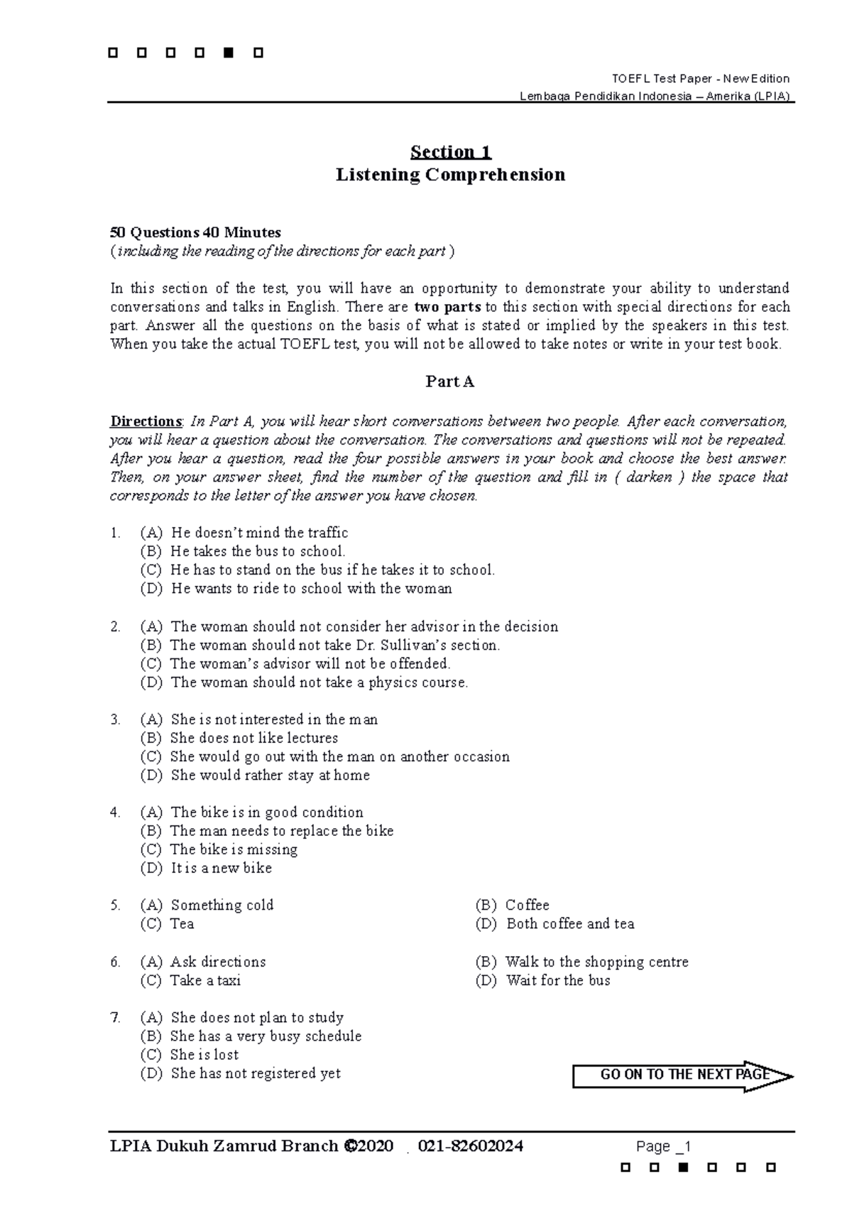 TOEFL Listening Comprehension Practice Questions - 2020 Edition - Studocu