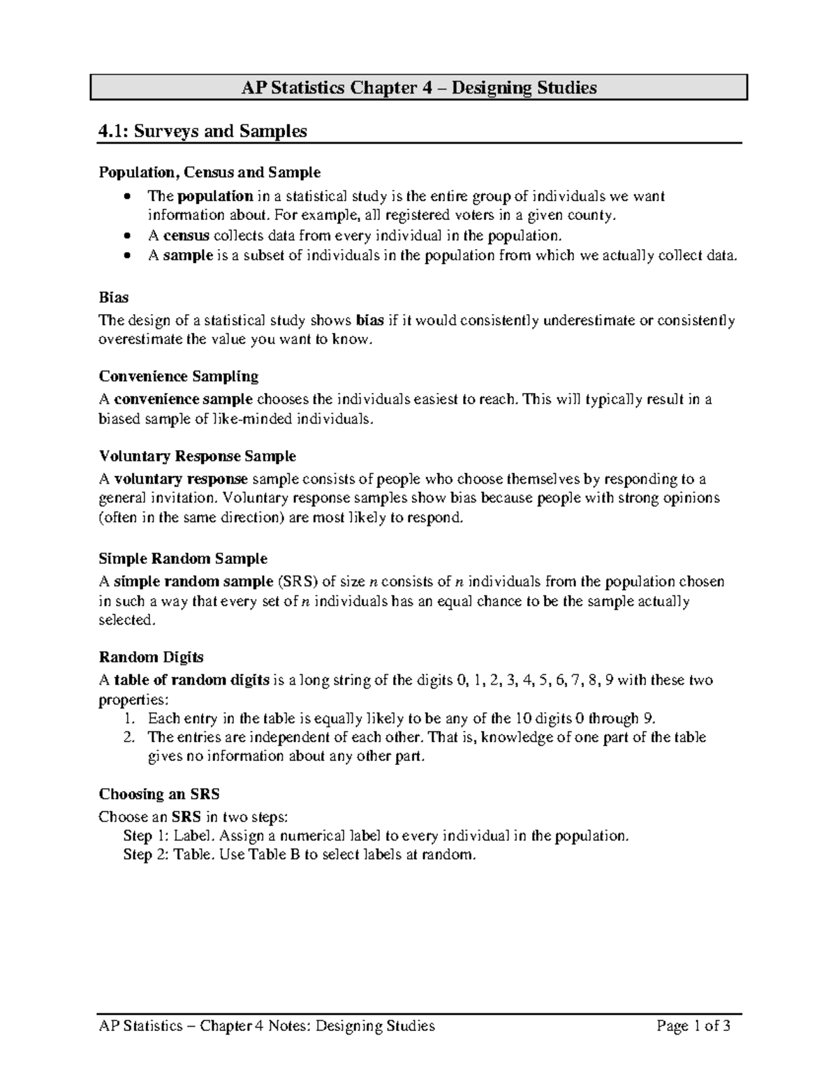 AP Statistics Chapter 4 Notes: Designing Studies and Sampling Methods ...