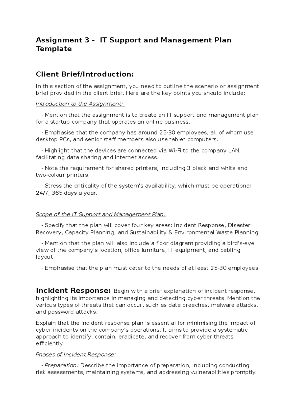 Assignment 3 - IT Support & Management Plan Template - Studocu
