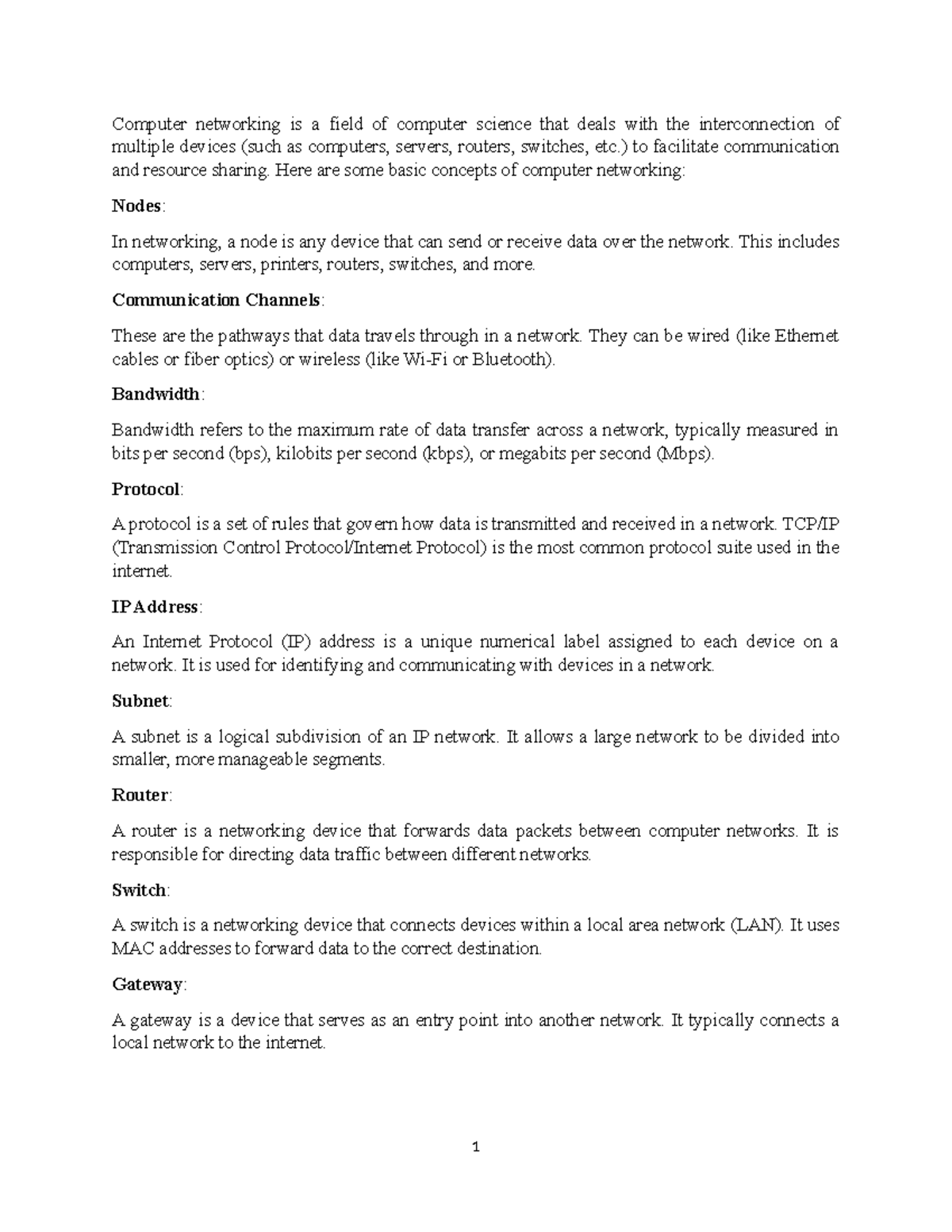 COM 221 Lecture Notes: Fundamentals of Computer Networking Concepts ...