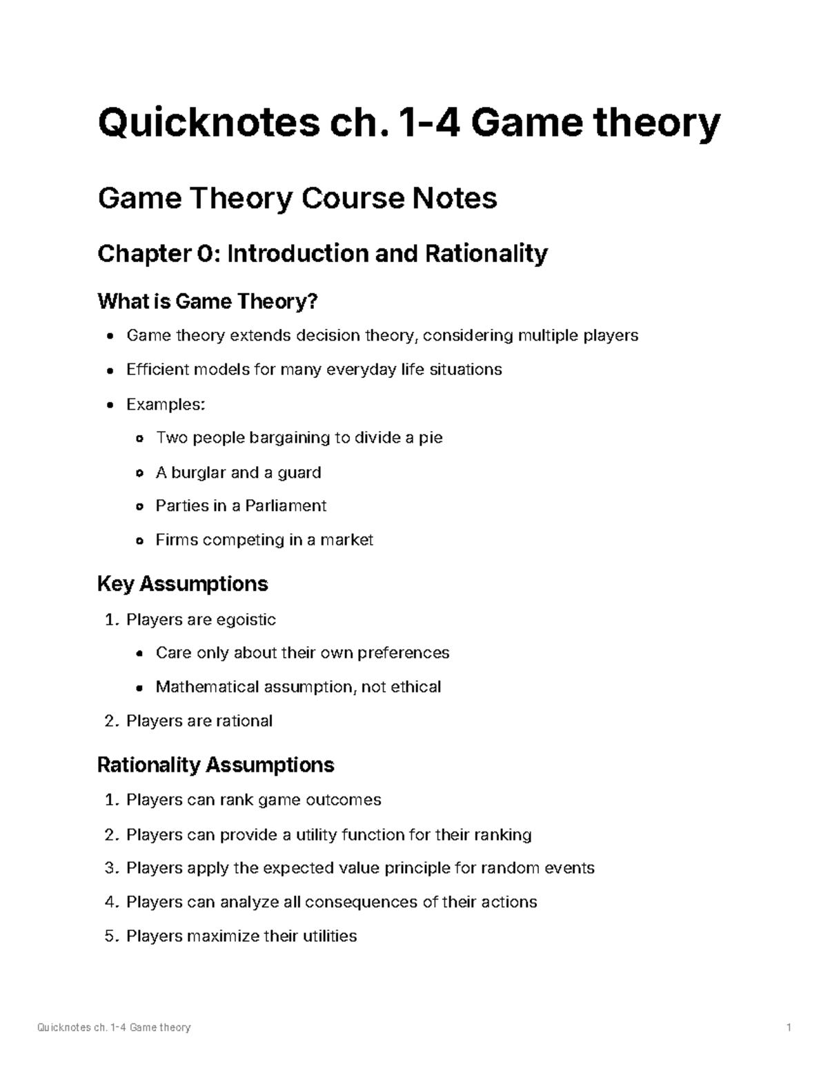 Game Theory Notes: Quicknotes for Ch. 0-4 (Course Code: GT101) - Studocu