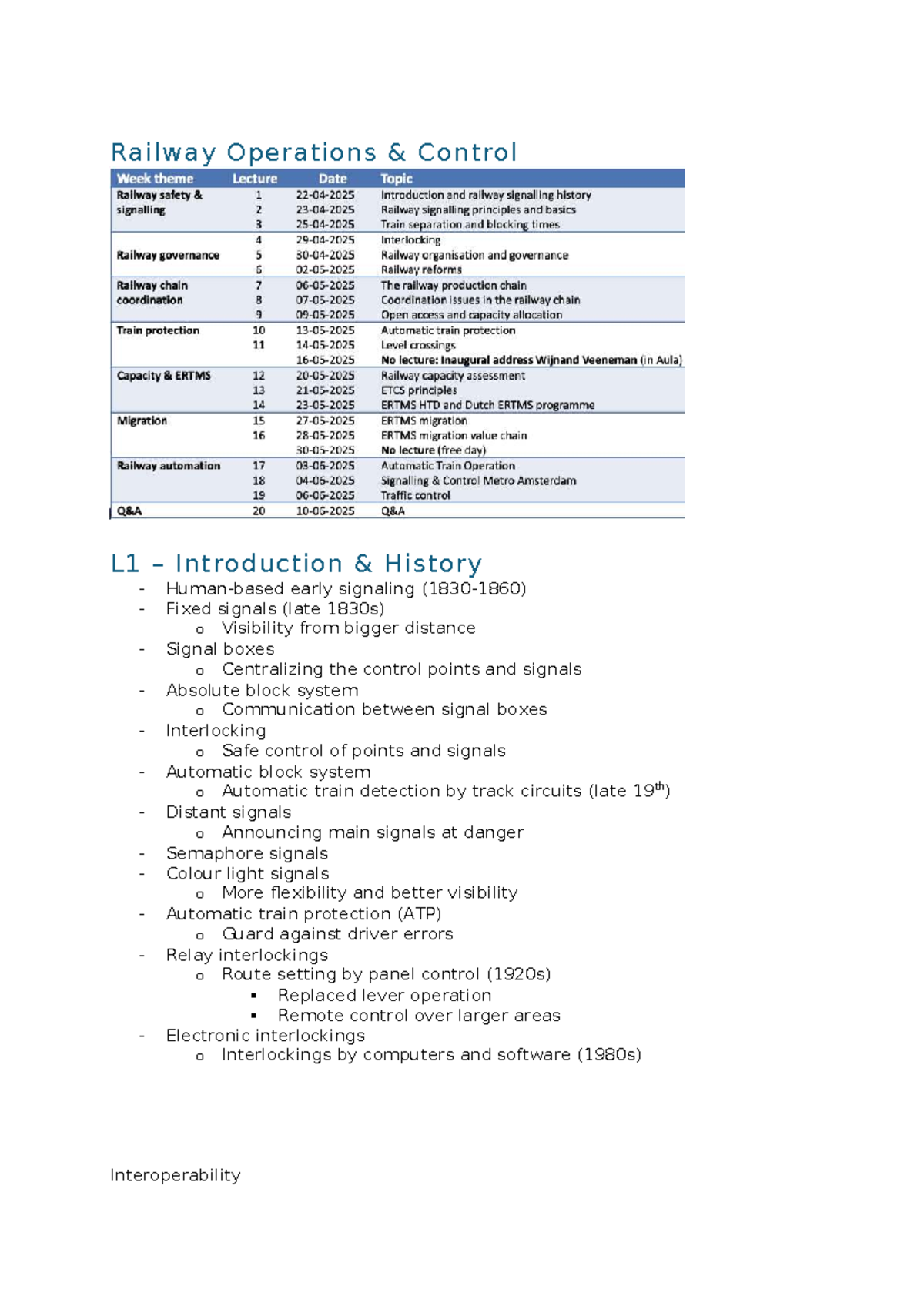 Railway Operations L1-L10 Lecture Notes: Signaling, Interlocking ...
