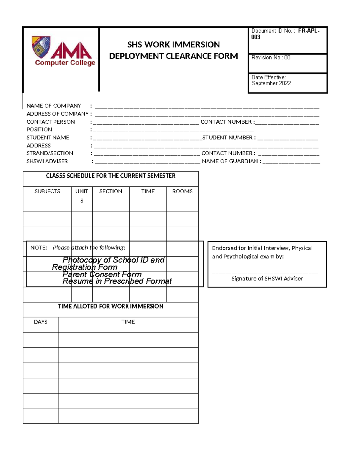 SHS Work Immersion Deployment Clearance Form - AMAU Only - Studocu