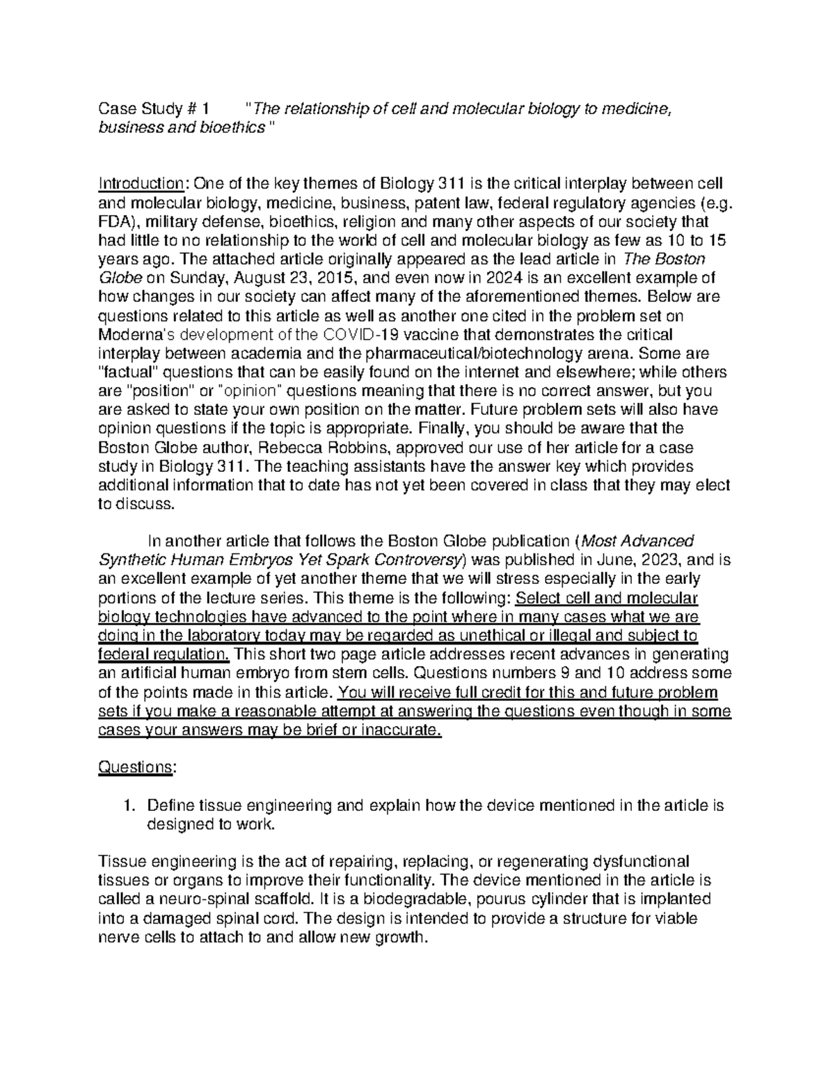 BIOL 311 - Case Study 1: Cell Biology and Its Societal Impacts - Studocu
