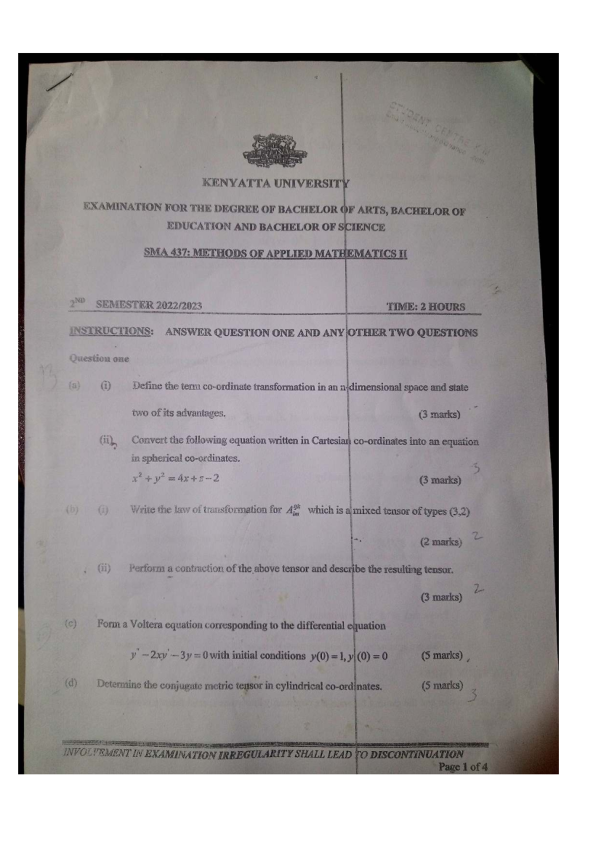 SMA 437 2 Past Papers 2022-23, 2019 - DENT KENYATTA UNIVERSITY ...