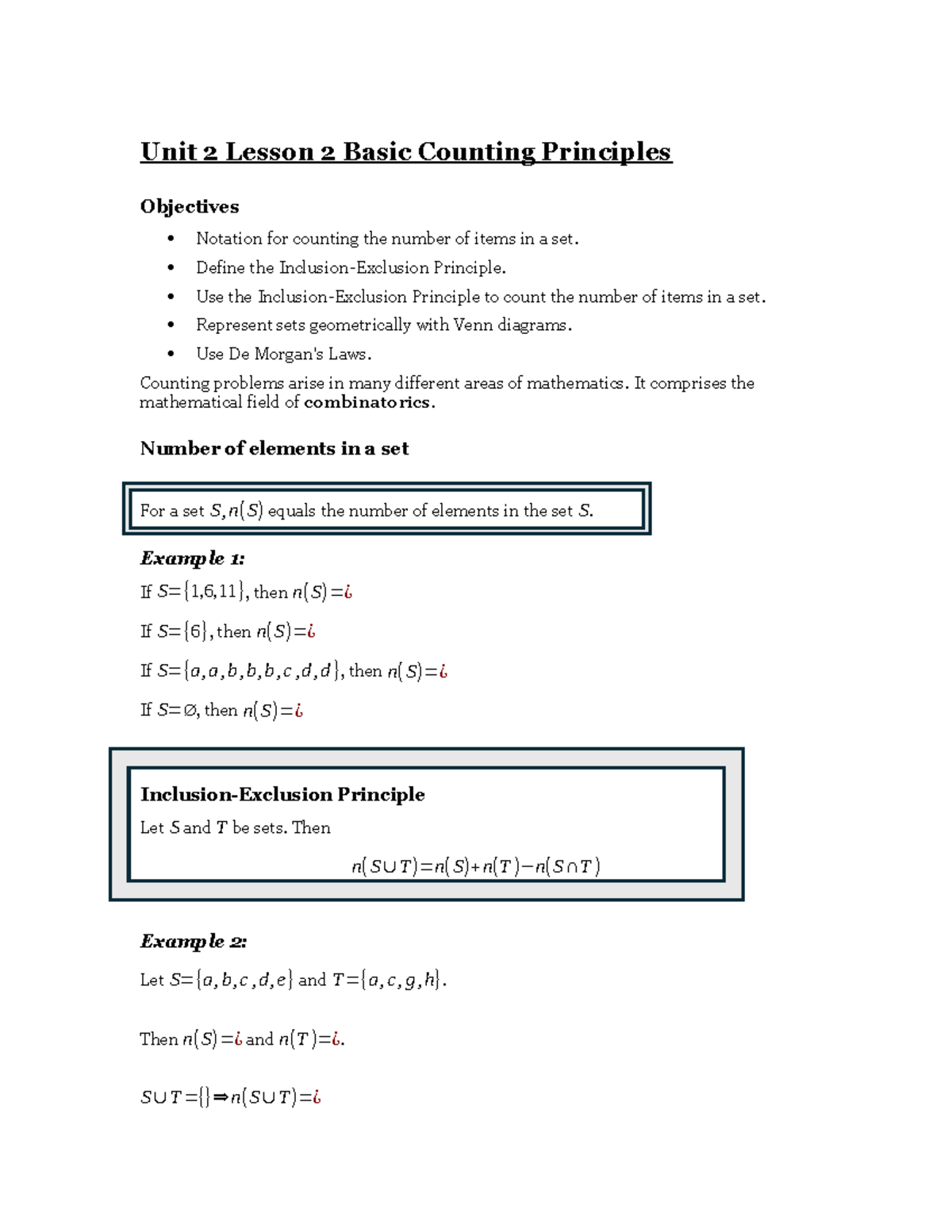 Unit 2 Lesson 2: Basic Counting Principles & Venn Diagrams - Studocu
