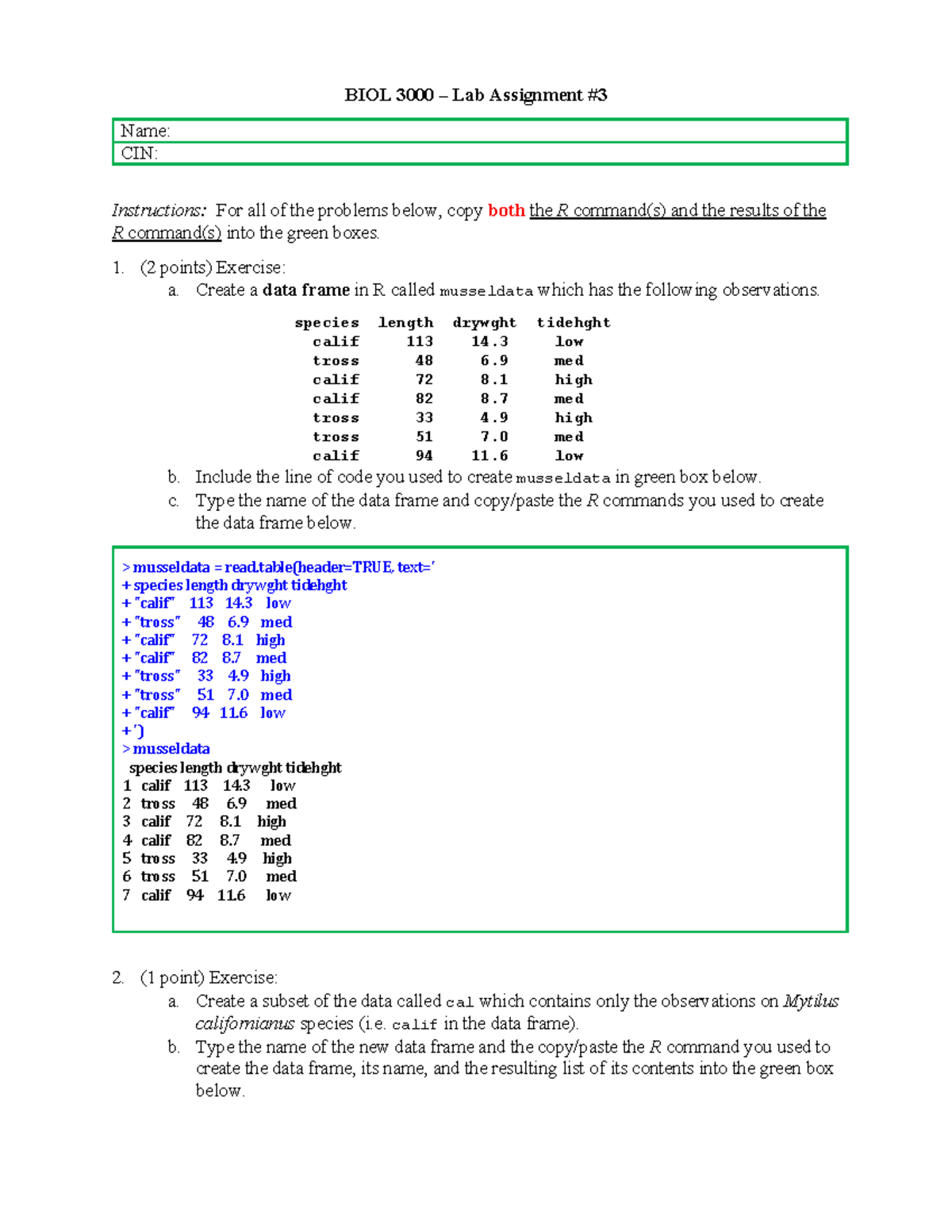 Lab Assignment 3 - Pretty sure it's all correct. - BIOL 3000 – Lab ...