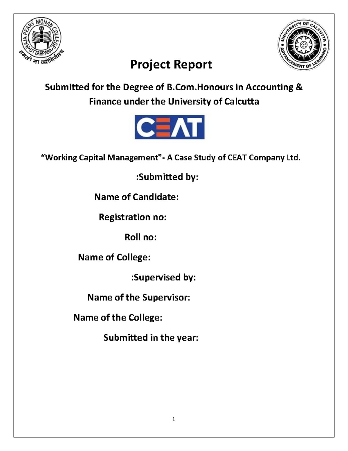 "Working Capital Management Case Study - CEAT - B.Com(H) Project Report ...