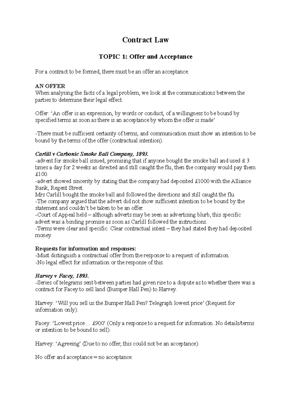 Contract Law 1. Offer and Acceptance - Contract Law TOPIC 1: Offer and ...
