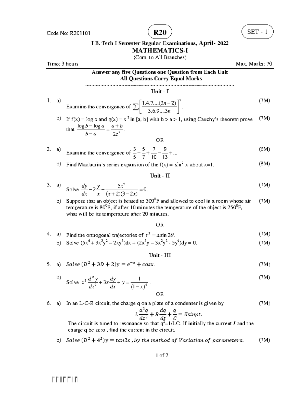 Mathematics I B. Tech I Sem Regular Exam SET 1 R20 April 2022 - Studocu