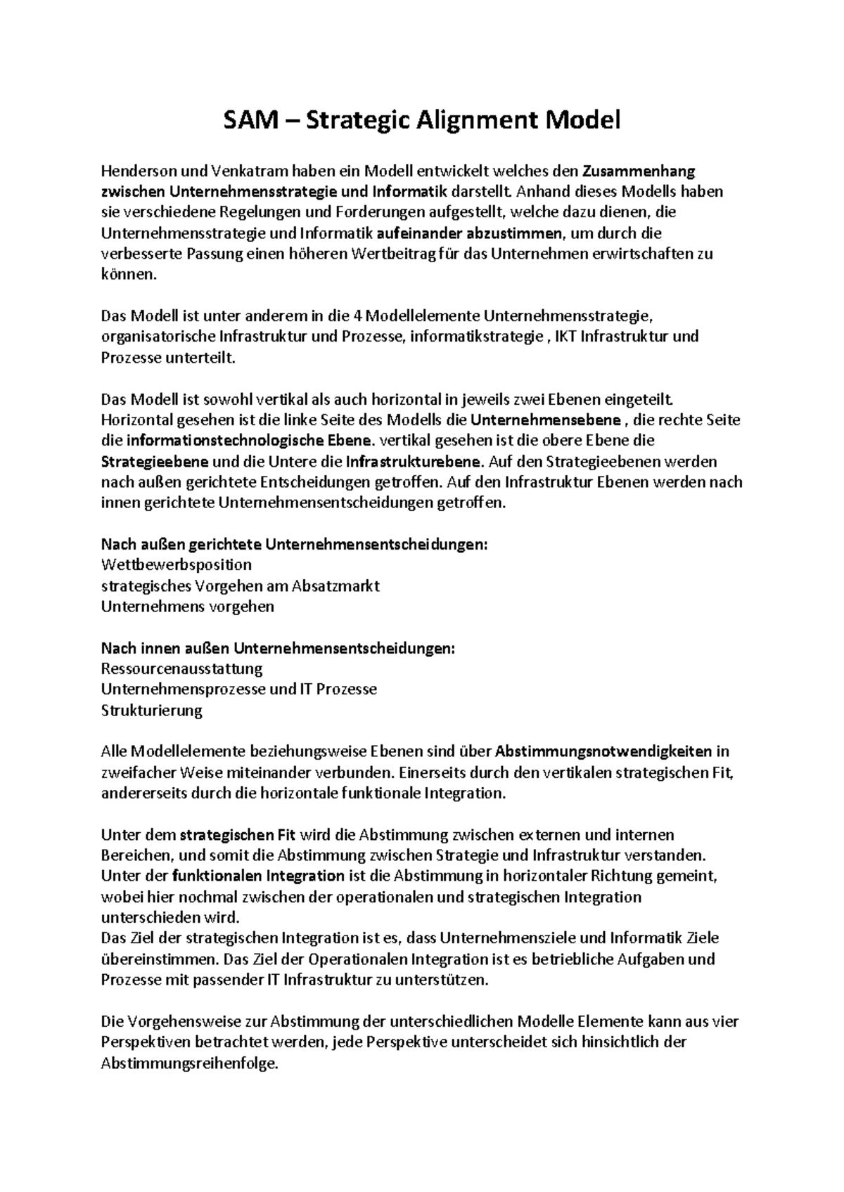 SAM - Zusammenfassung des Strategischen Alignments Modells - Studocu