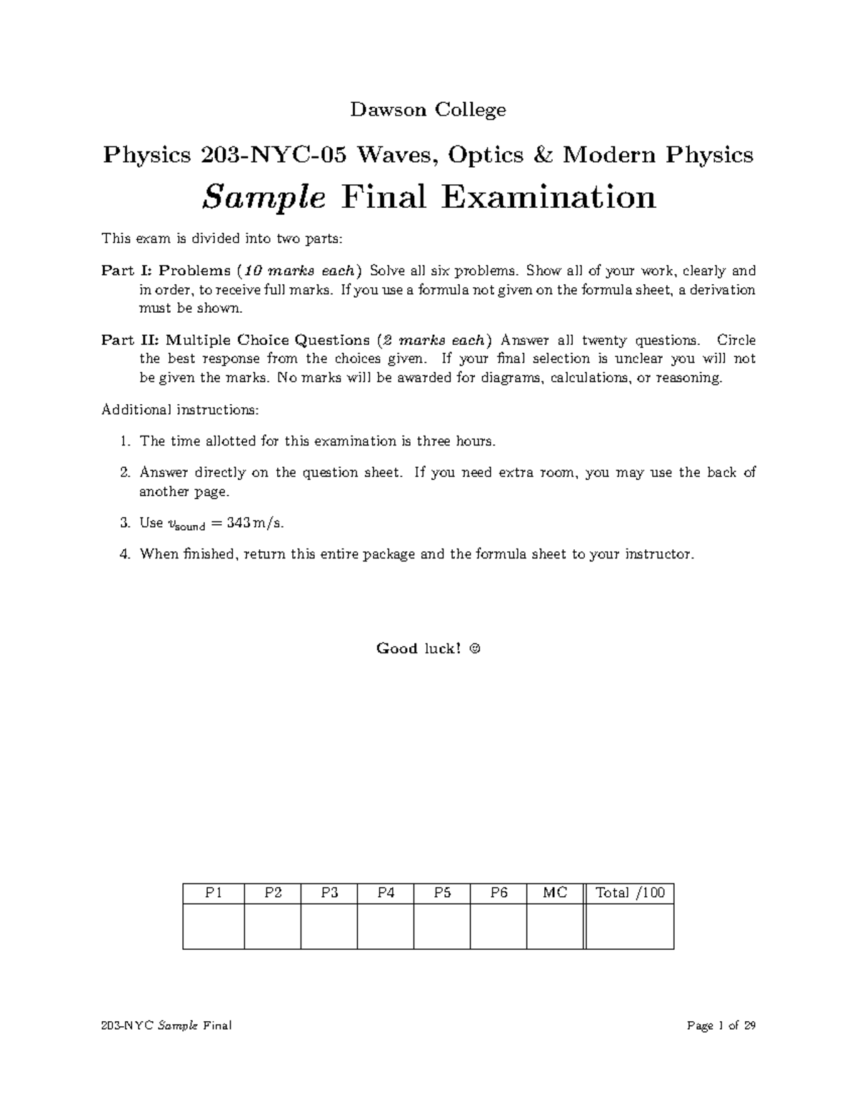 Physics 203-NYC-05 Sample Final Exam with Solutions for W22 - Studocu