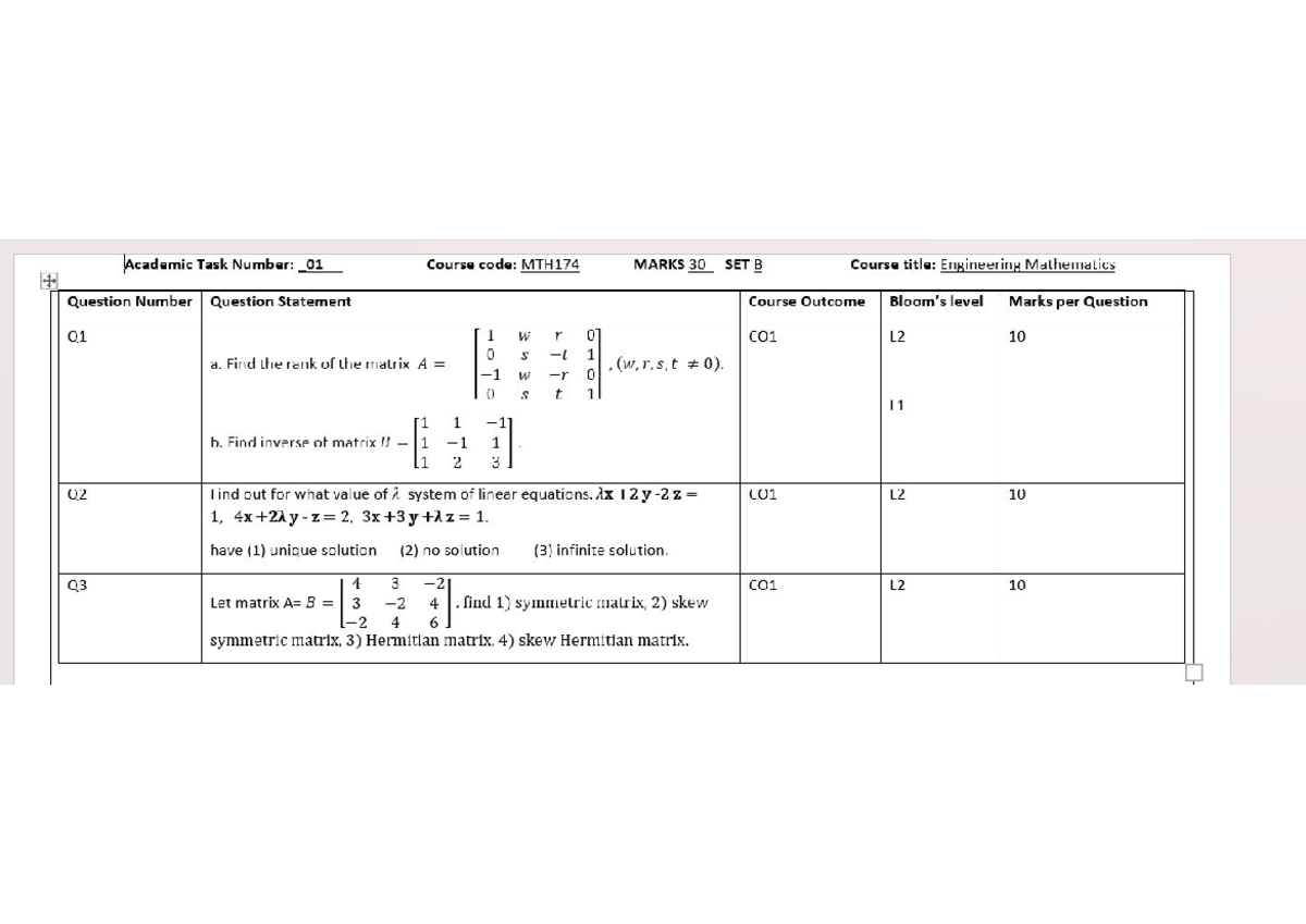 Engineering Mathematics MTH174 Academic Task 01 - Set B Questions - Studocu