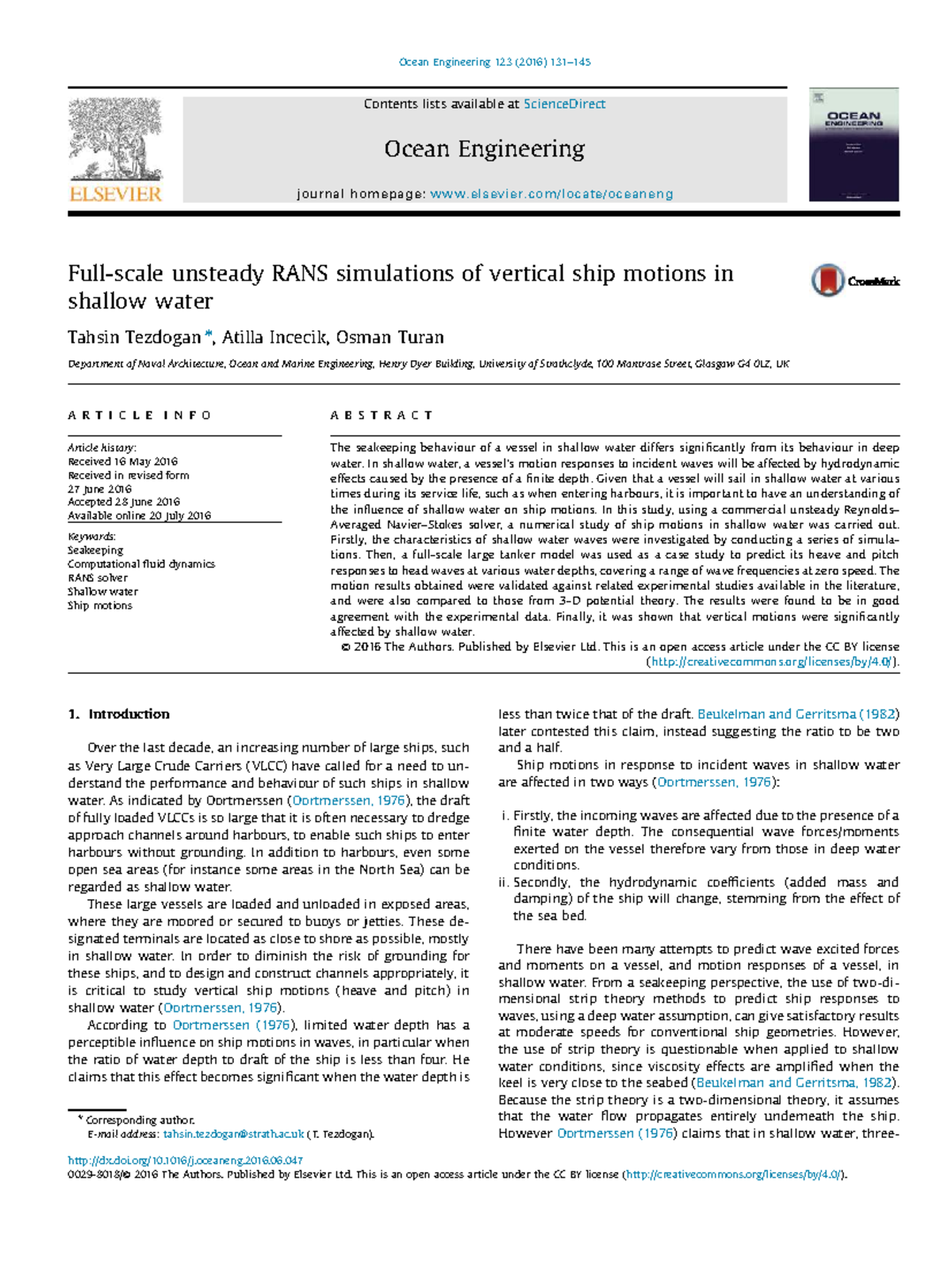 Ocean Engineering 123: Unsteady RANS Simulations of Ship Motions in ...