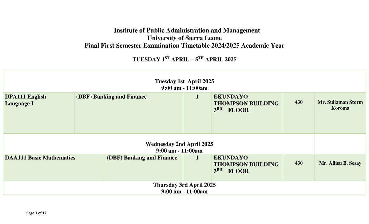 Final Year 1 First Sem Exam Timetable 2024/25 - University of SL - Studocu