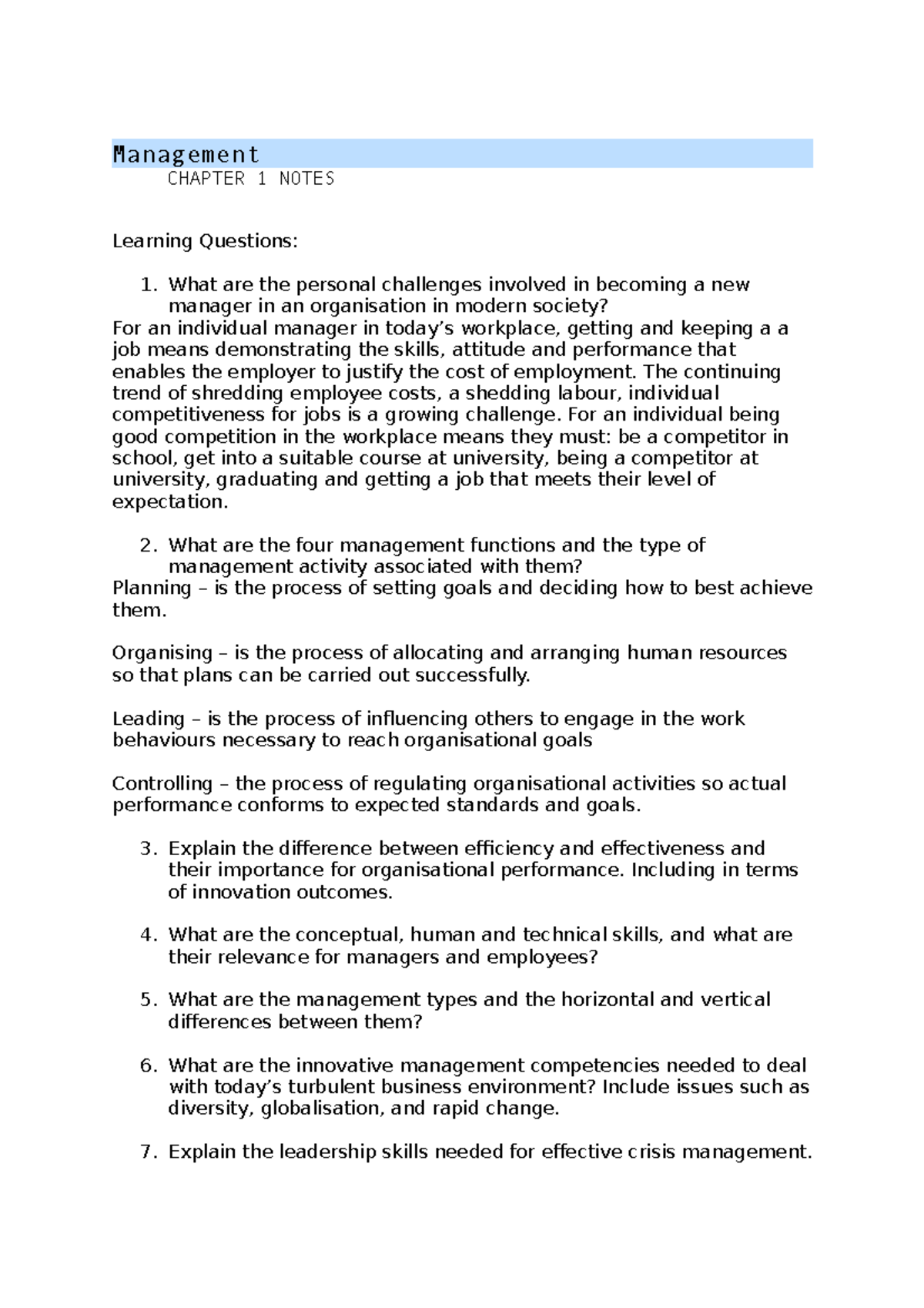 Management Notes - Management CHAPTER 1 NOTES Learning Questions: What ...