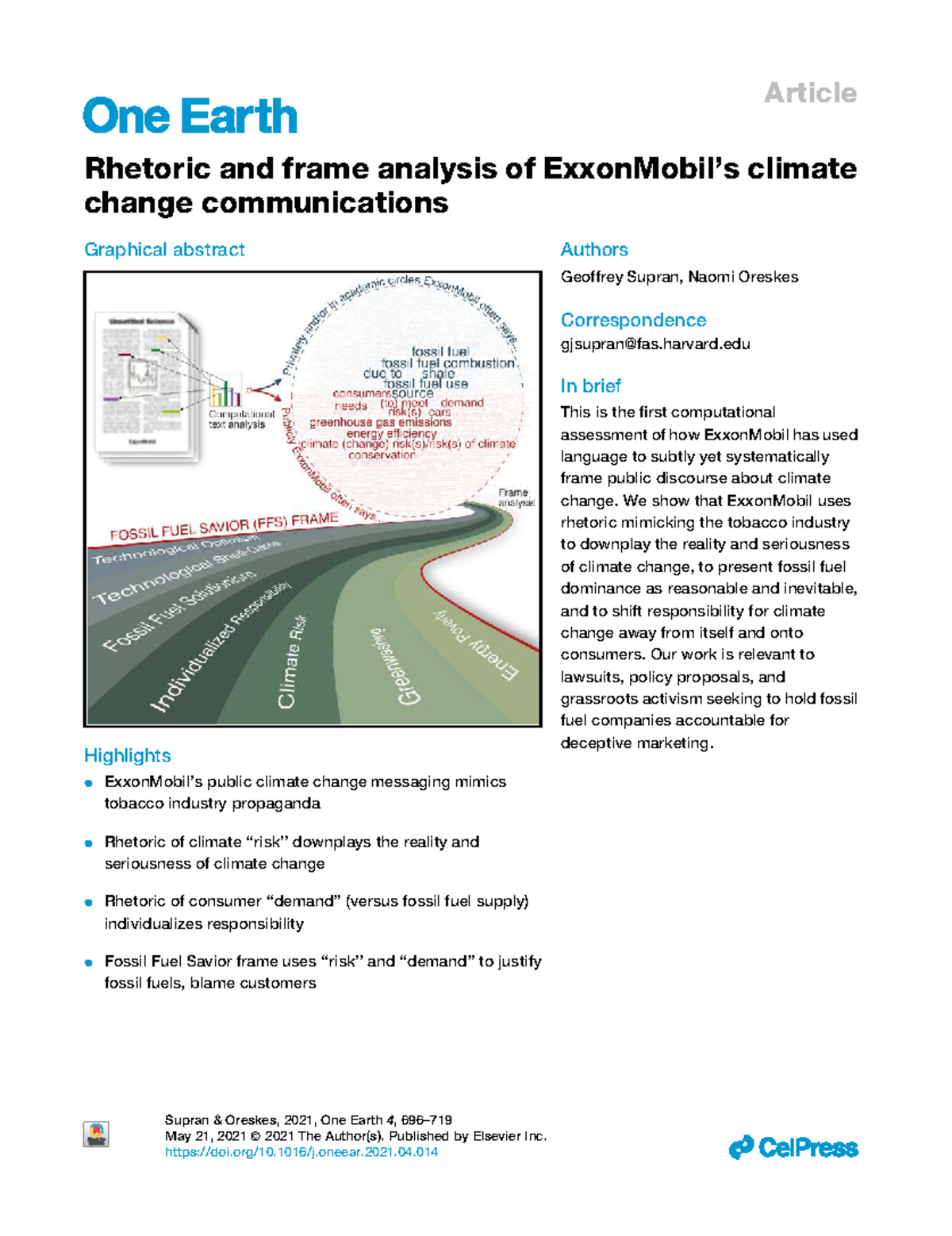 Rhetoric and Frame Analysis of Climate Change Messaging (One Earth 4 ...