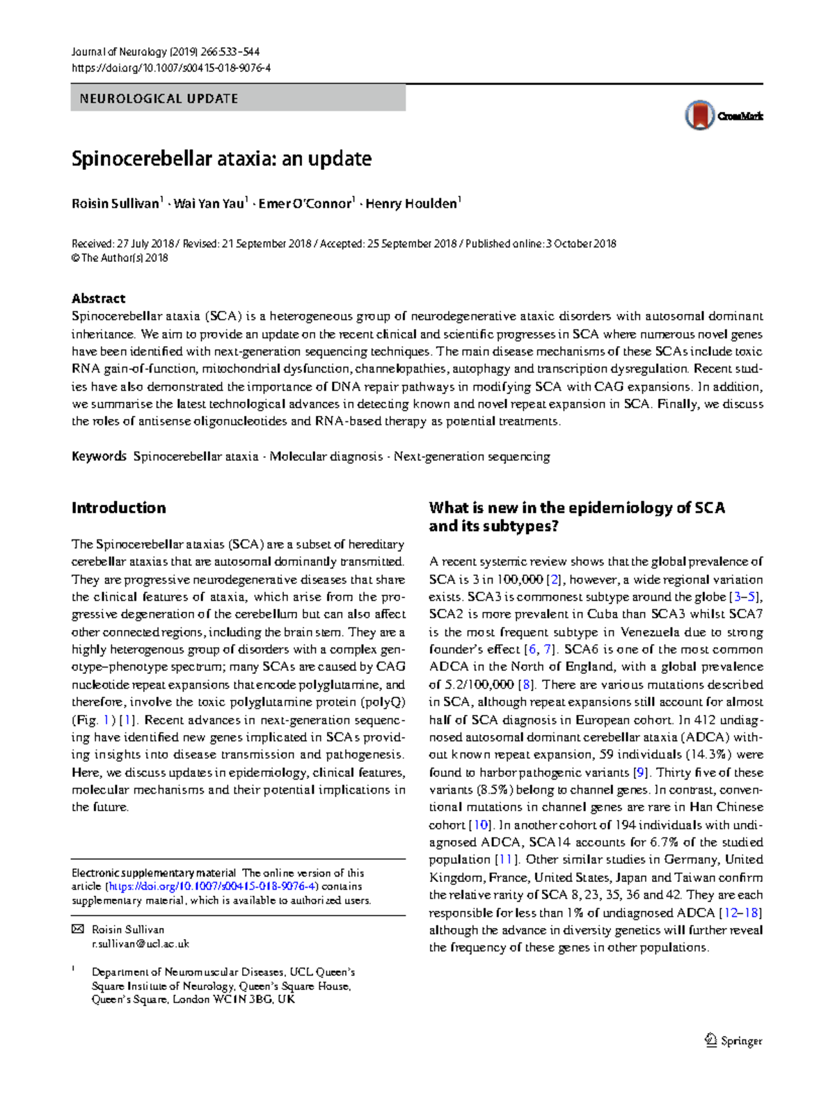 Spinocerebellar Ataxia: Recent Advances and Future Directions (NEURO ...