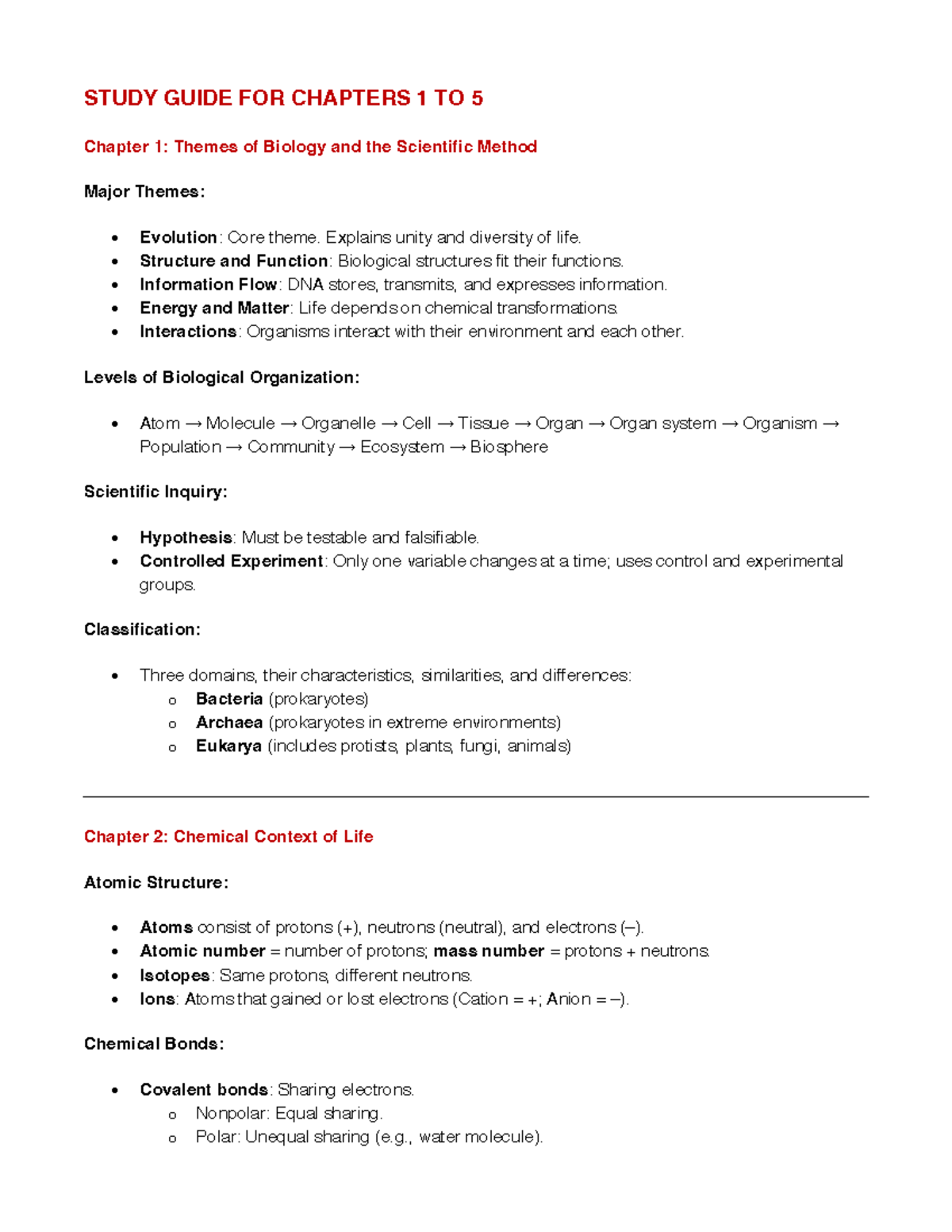 Study Guide for Chapters 1 to 21: Key Concepts in Biology - STUDY GUIDE ...