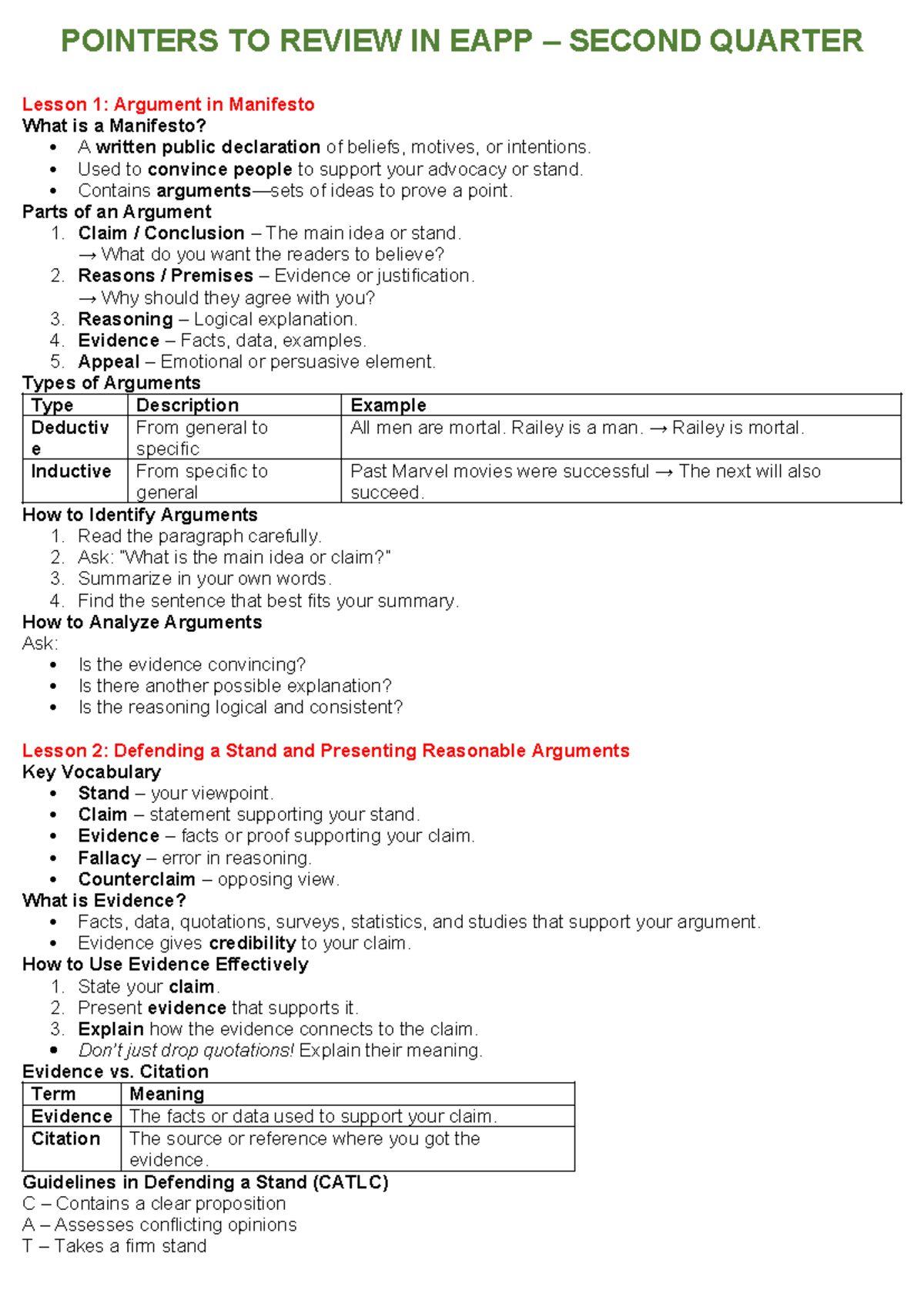 Pointers to Review in EAPP (EAPP 2nd Qtr) - Argument & Reports - Studocu