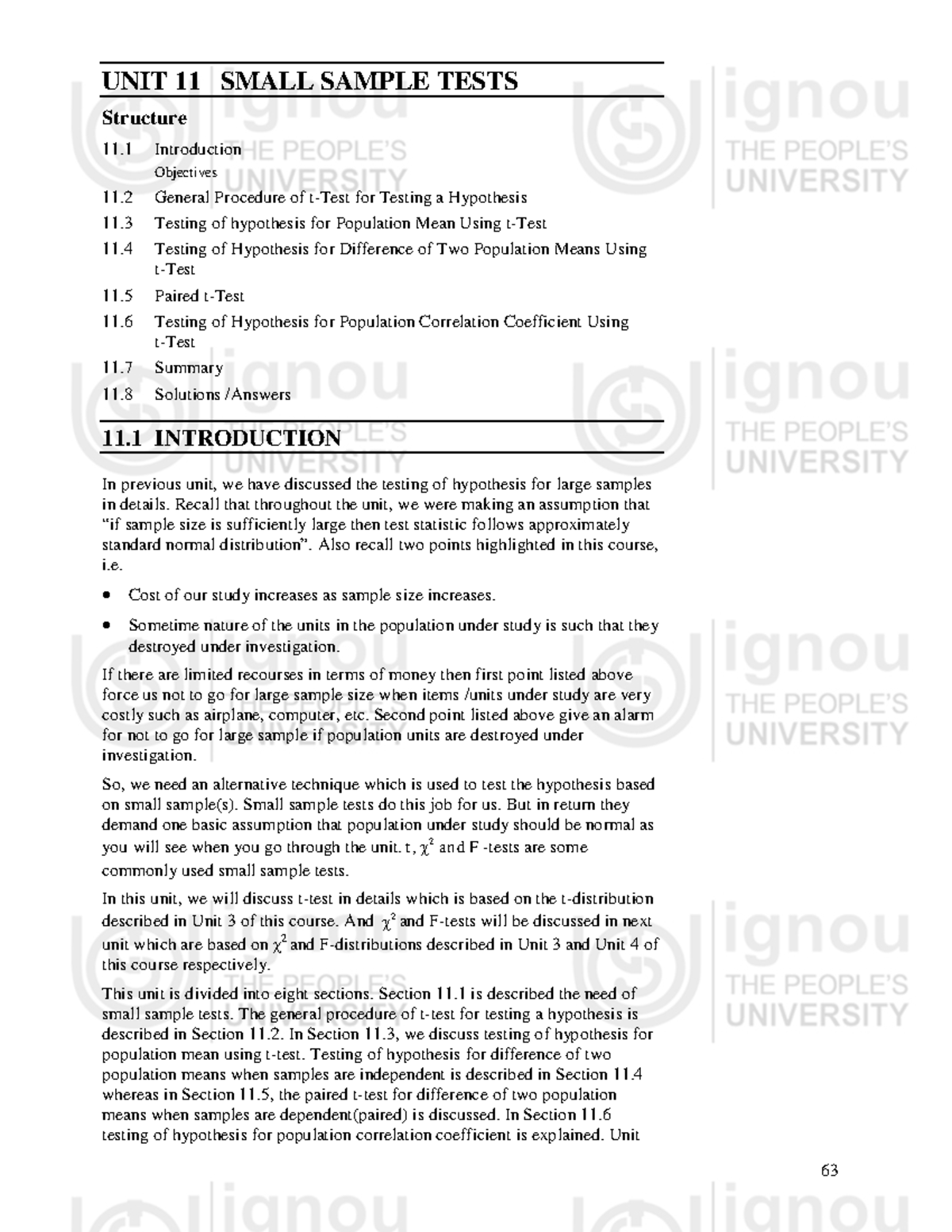 UNIT 11 SMALL SAMPLE TESTS: Hypothesis Testing Procedures and ...